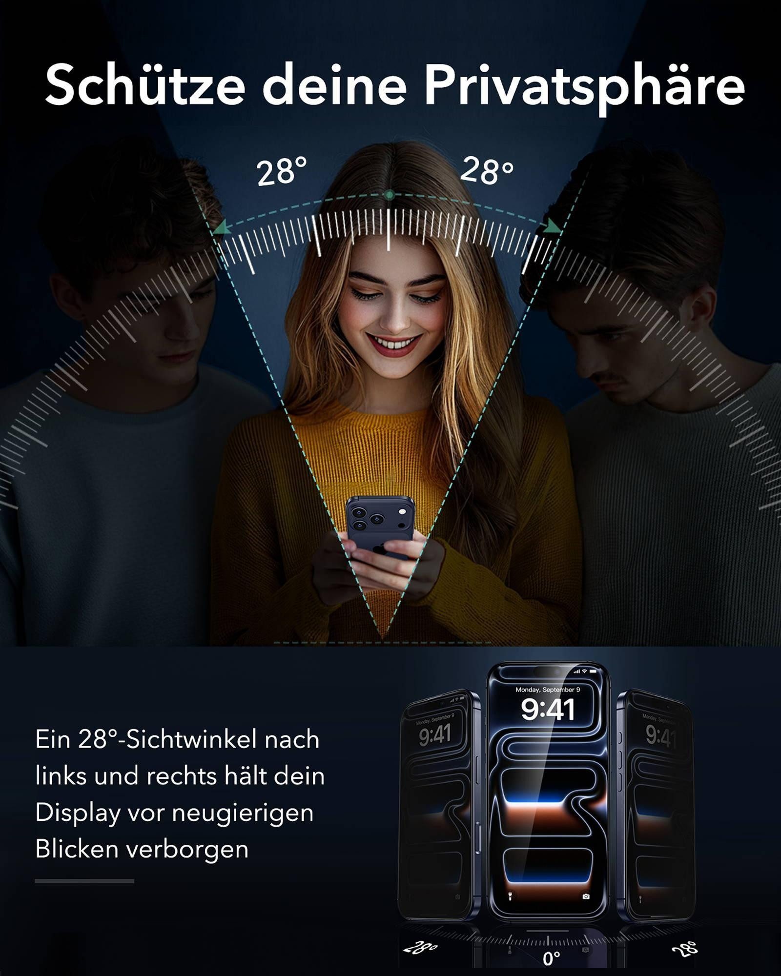ESR Displayschutzglas Armorite Privacy Displayschutz für das iPhone 18 Pro für Apple iPhone 18 Pro, 28° Sichtschutz, 9H-Härte, 7-fache Stoßdämpfung – Bild 3 von 5