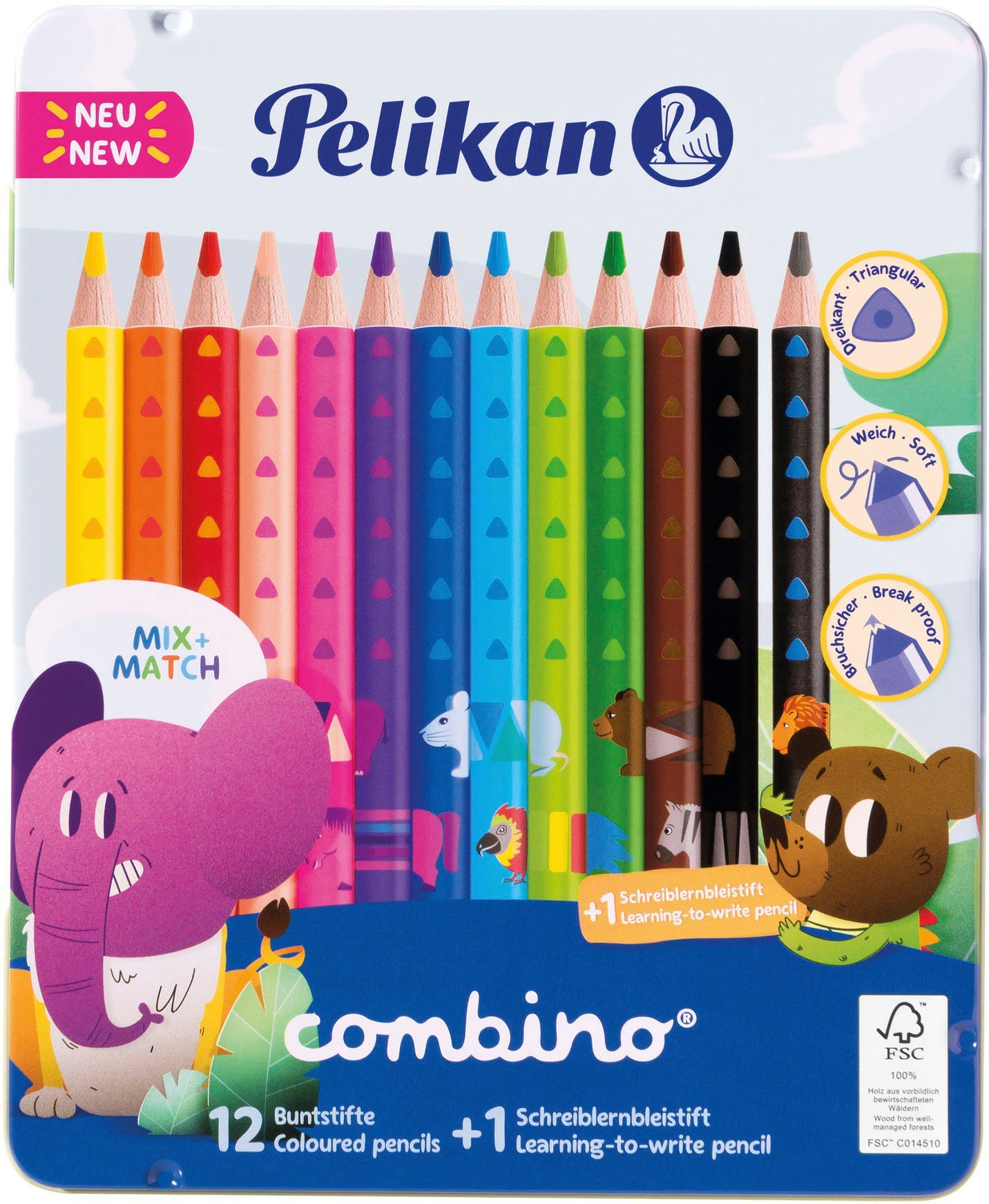 Pelikan Buntstift Combino, 12 Buntstifte +1 Bleistift im Metalletui, FSC® - schützt Wald - weltweit