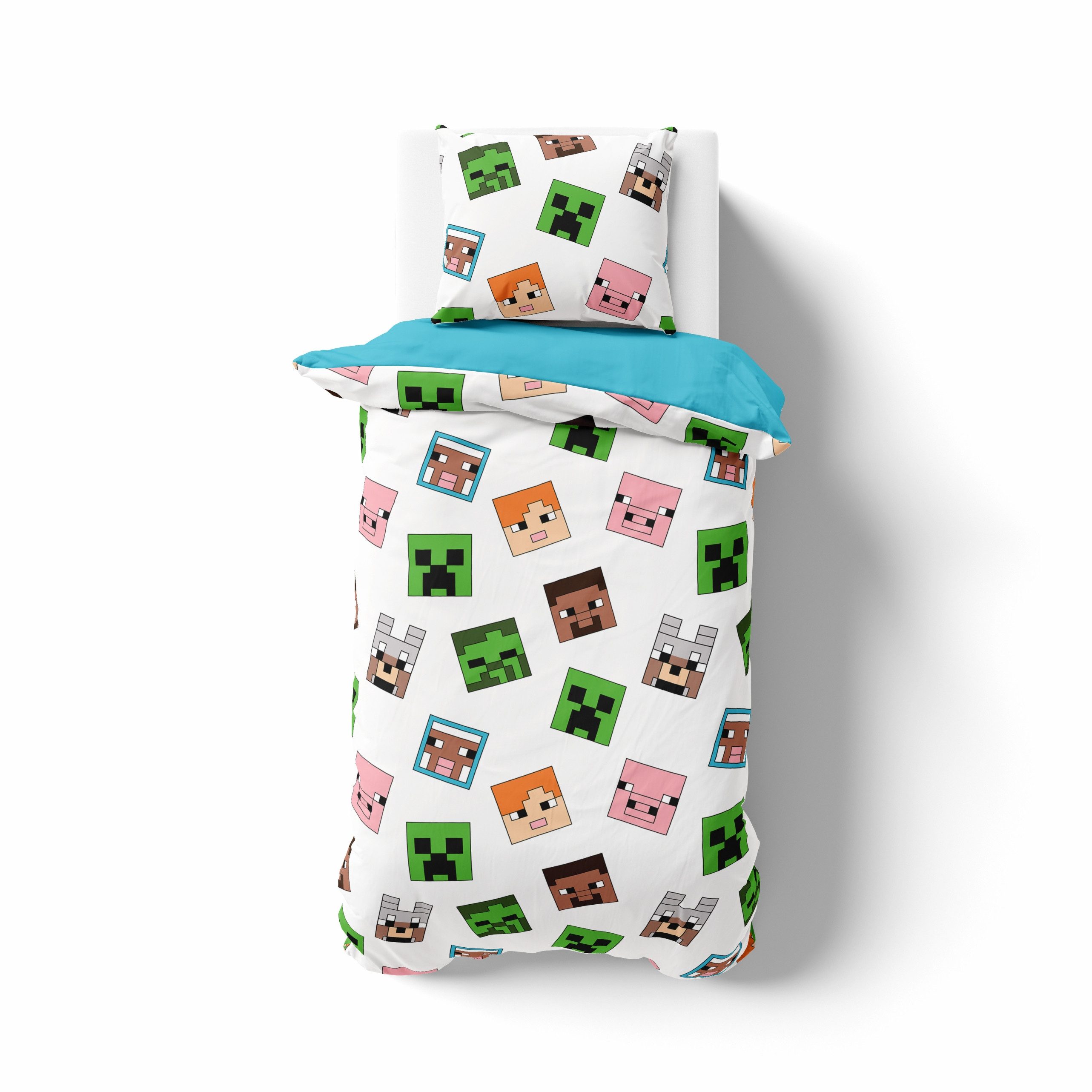 MTOnlinehandel Bettwäsche Minecraft Pixelwelt 135x200 + 80x80 cm in Renforcé, 100% Baumwolle, 2 teilig, Geschenk für Gamer