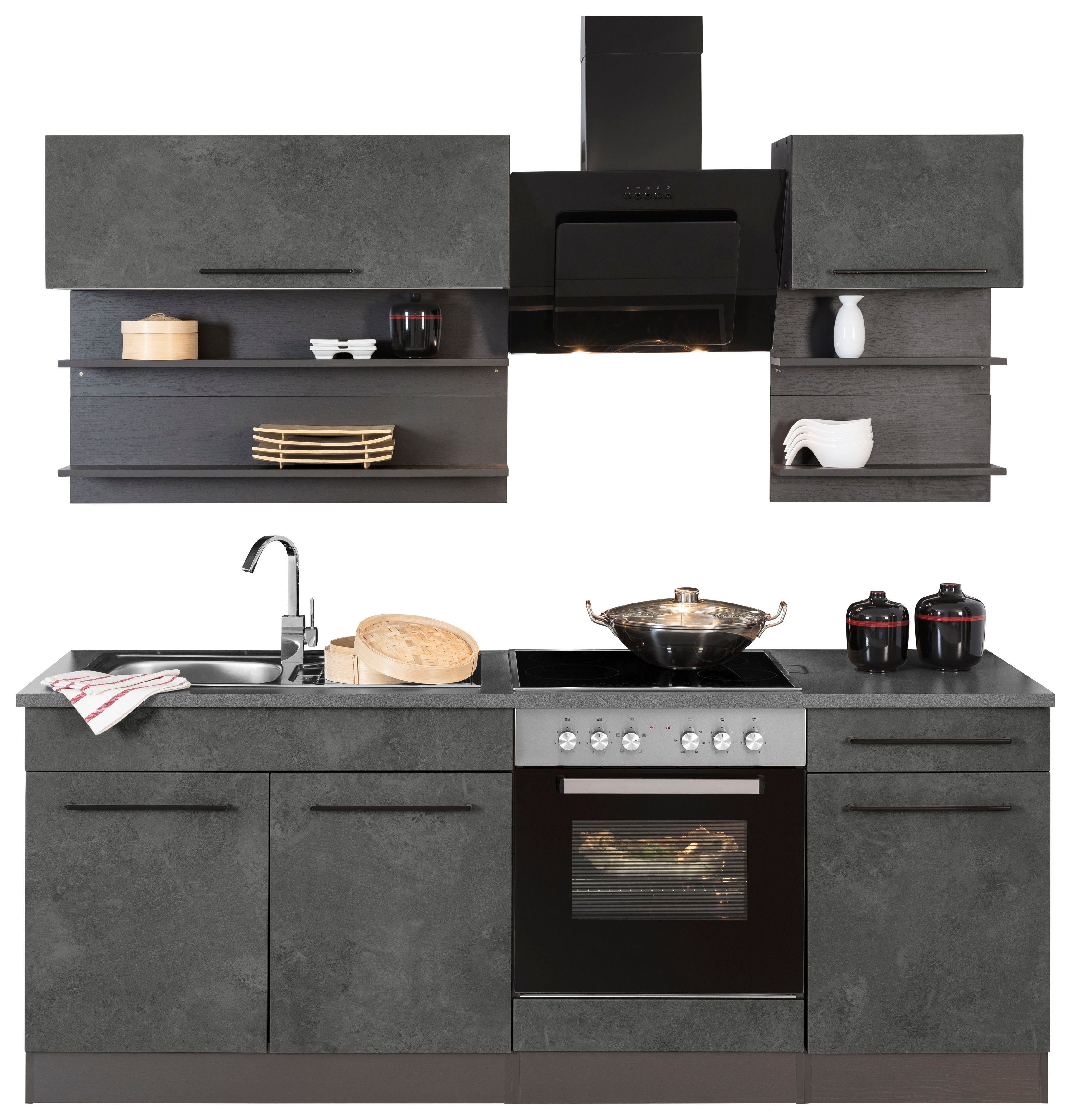 KOCHSTATION Küchenzeile KS-Tulsa, Breite 210 cm, schwarze Metallgriffe, hochwertige MDF Fronten
