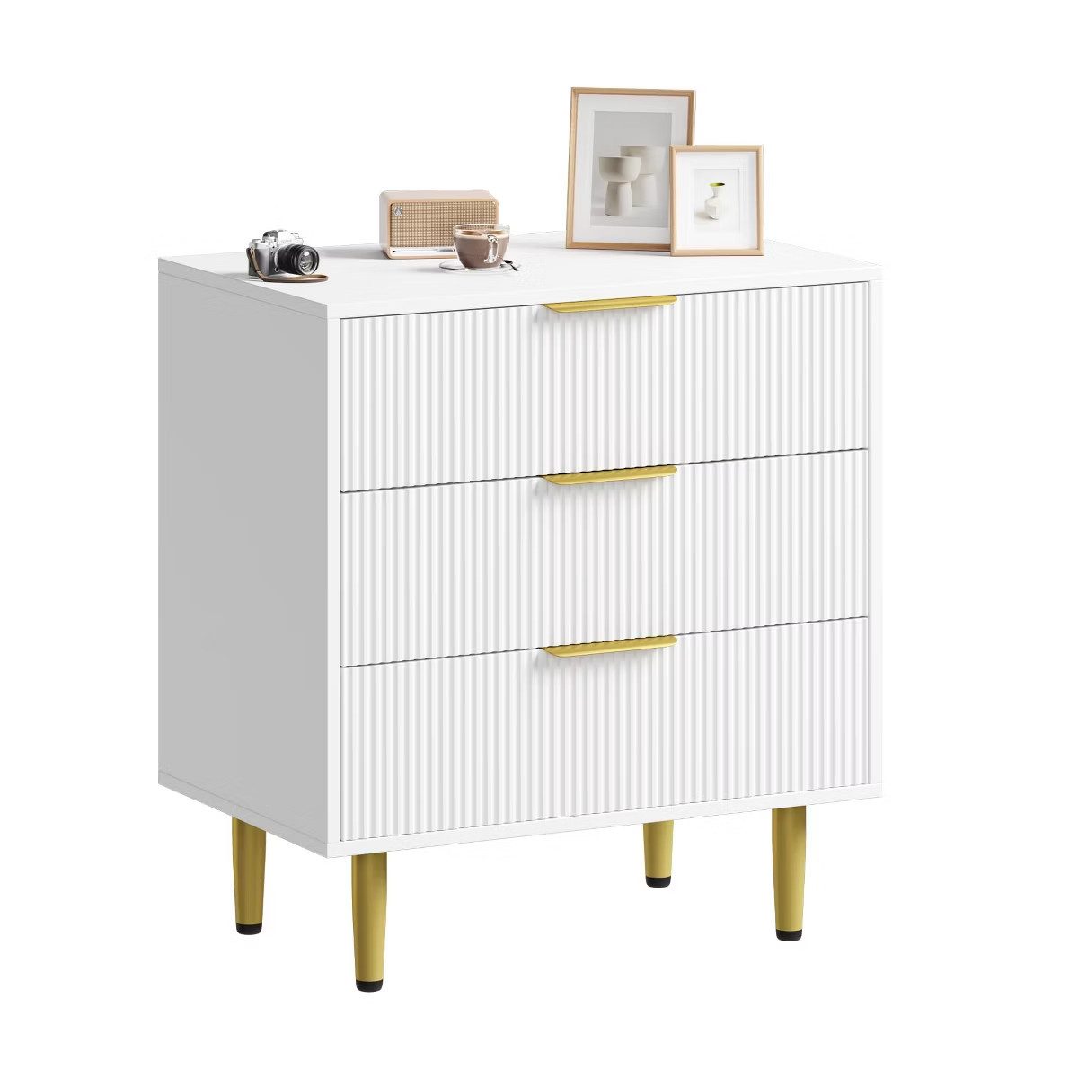 GarveeMore Nachttisch (3 Schubladen, Mit Metallgriff und Füßen), für Wohnzimmer, Schlafzimmer, Flur