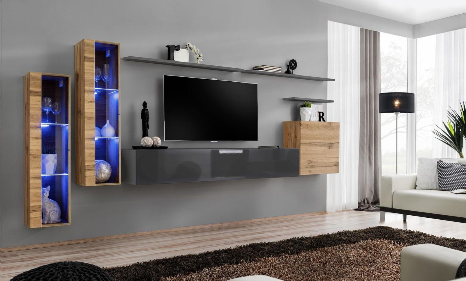 JVmoebel Wohnzimmer-Set Luxus Design Wandschrank Garnitur in 1x 3x + (8-St., Wohnwand Ständer Europa Wandregal), 3x Wohnwand + 1x TV Made + TV-Ständer, Möbel Sideboard