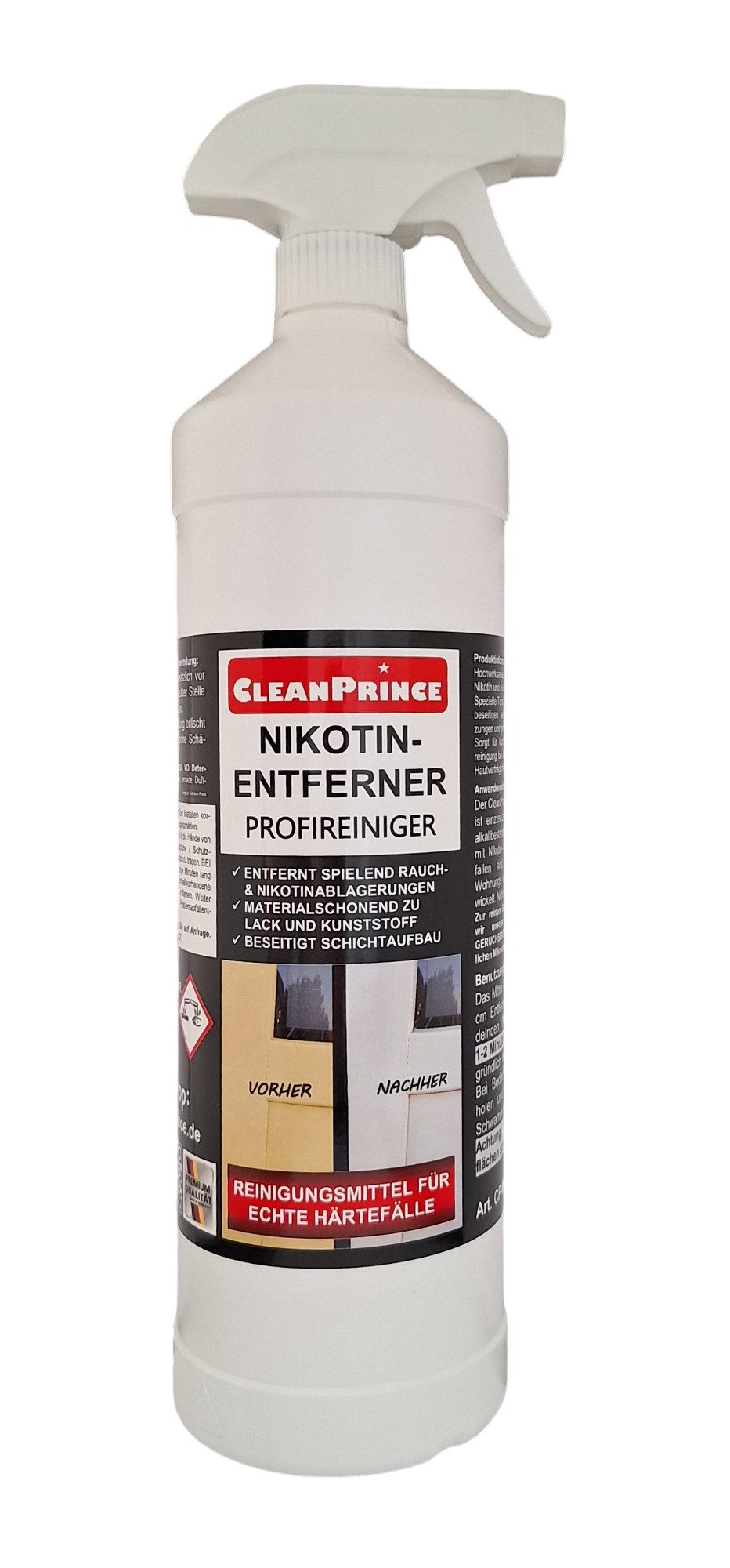 CleanPrince Nikotinentferner Profireiniger 1 Liter Reinigungskonzentrat (Reinigung von Nikotin und Ruß befallenen Oberflächen)
