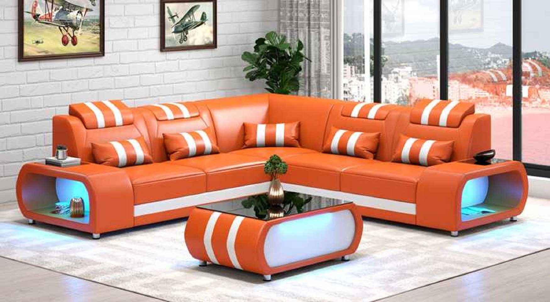 JVmoebel Ecksofa Luxus Ecksofa L Form Couch Sofa Moderne Eckgarnitur LED, 3 Teile, Made in Europe Orange