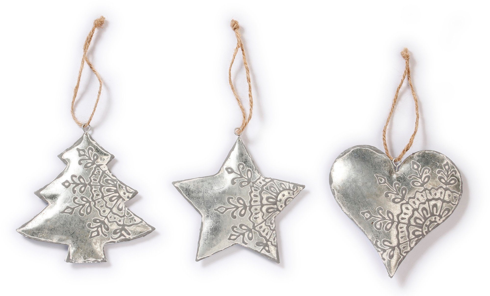 CHRISTMAS GOODS by Inge Baumbehang Herz, Stern, Baum, Weihnachtsdeko, Christbaumschmuck (Set, 6 St), 3-fach sortiert, mit Dekor