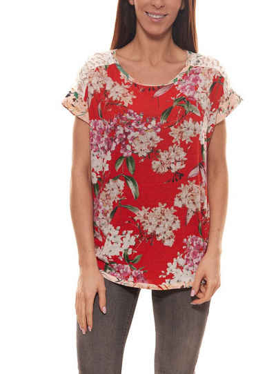 Oui Rundhalsshirt OUI Leinen-T-Shirt leichtes Damen Freizeit-Shirt mit floralem Muster Rundhals T-shirt Rot