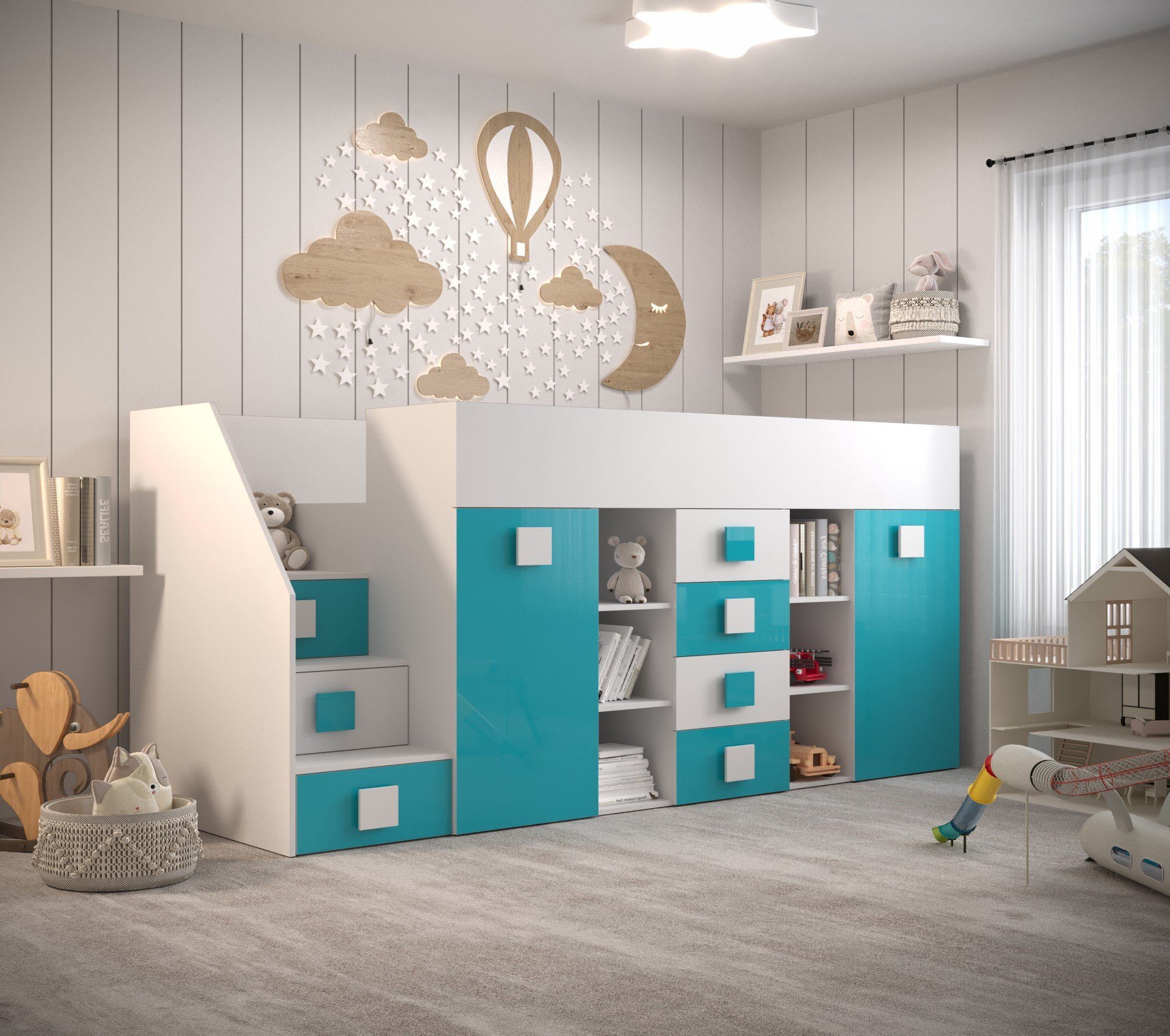 Unique Home Hochbett Kinderbett TOL 3L, mit Schreibtisch, Schrank und Schubladen Weiß/Türkis