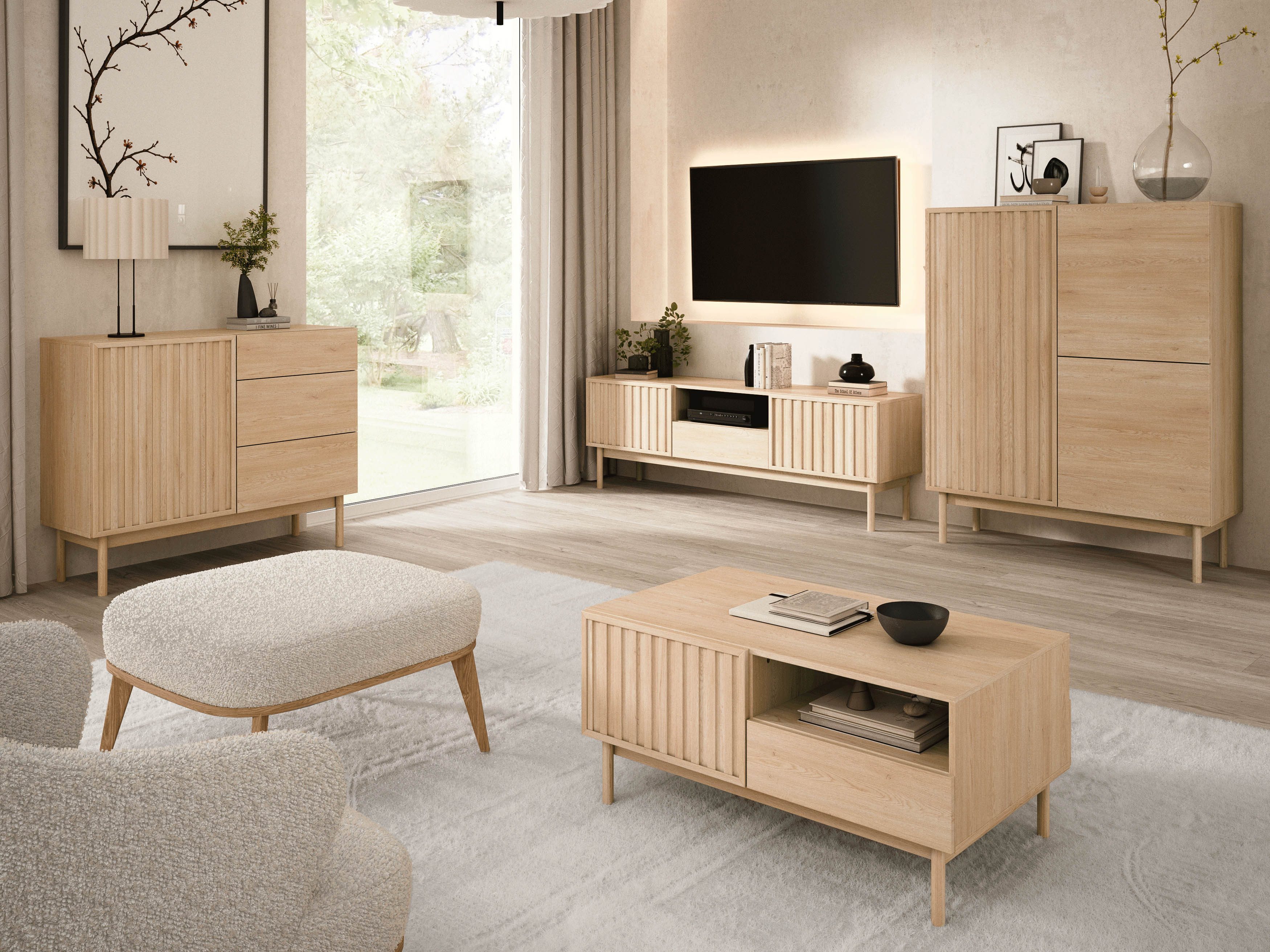 Beautysofa Kommode SAPPORO im Japandi-Stil (Push-to-Open-Funktion, mit 3 Schubladen und 1 Tür), Lamellenfront