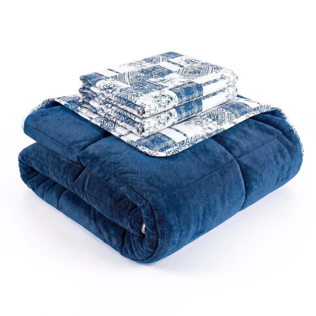 Nordic Schiller 4-Jahreszeitenbett Formeya Luxus-Wellsoft-Steppdecken-Set mit Kissenbezug, Füllung: 300 g/m², 100 % Silikonfaser, Bezug: Baumwolle-Polyester / Wellsoft, doppelseitig, in Blau