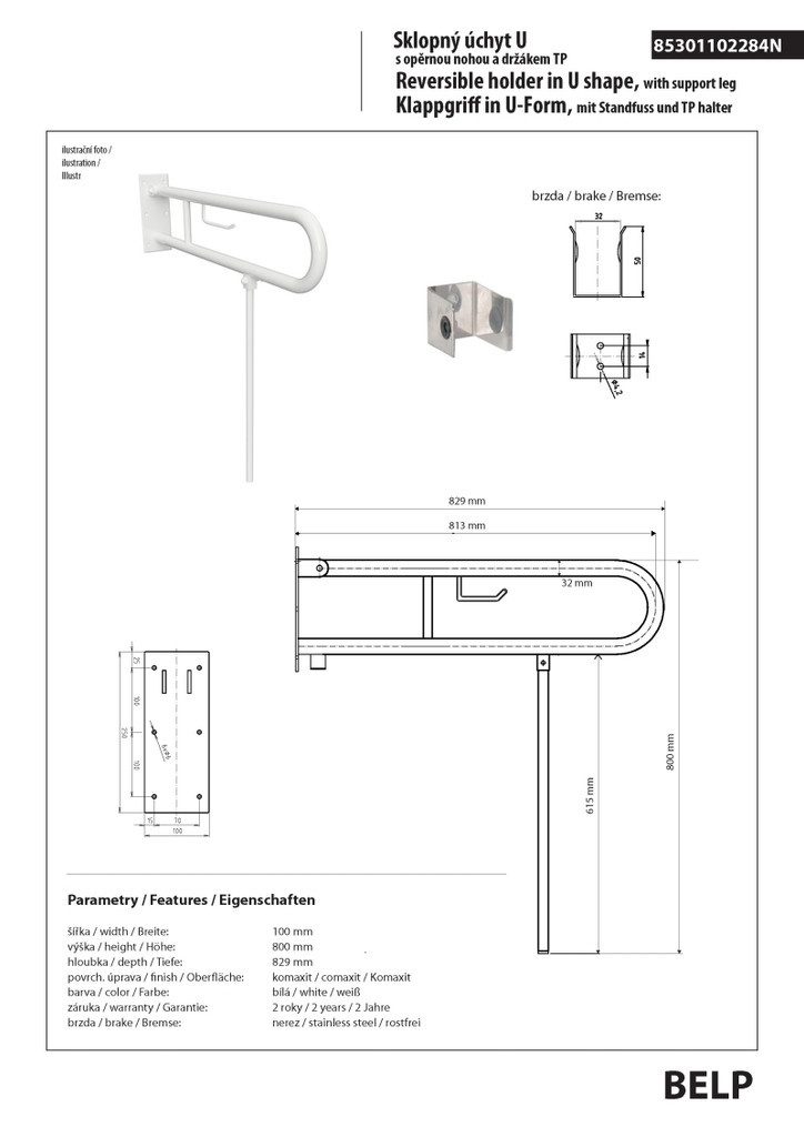 BRILLANTBAD® Stützklappgriff BELP Stützklappgriff U-Form Papierhalter Standfuß Eisen Weiß >> Bohren