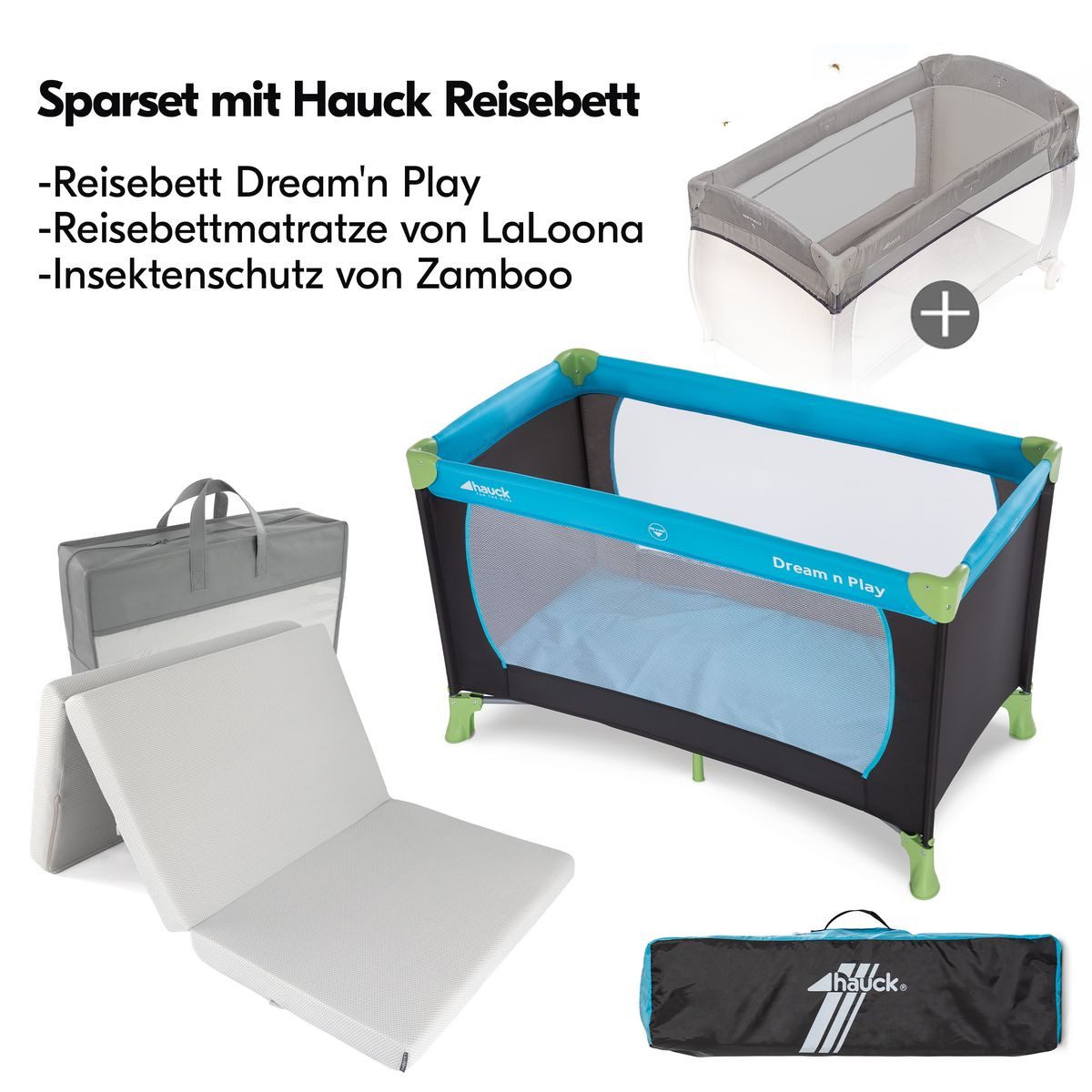 Hauck Baby-Reisebett Dream N Play Set - Waterblue, Kinder Babyreisebett mit Matratze, Insektenschutz & Tasche - faltbar