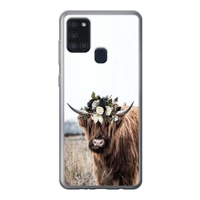 MuchoWow Handyhülle Schottischer Highlander - Blumen - Tiere Handyhülle Samsung Galaxy A21s Smartphone-Bumper Print Handy