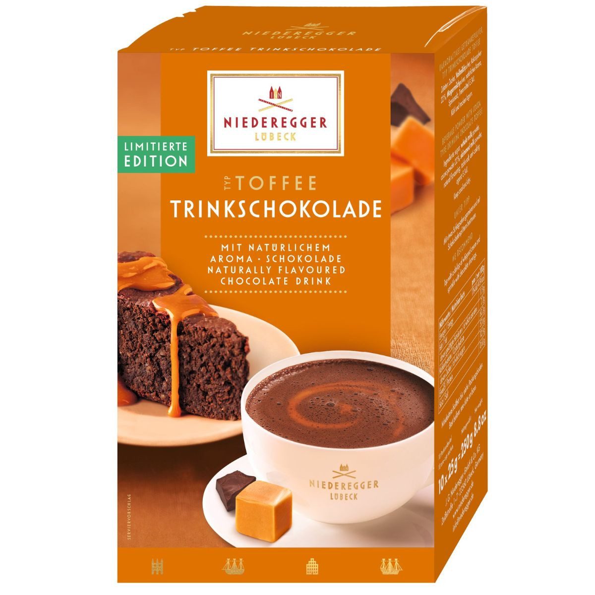 Niederegger Kakao Niederegger Marzipan Trinkschokolade Toffee, 10-Stick Portionsbeutel, 250 g