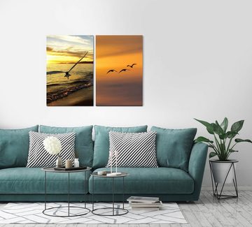 Sinus Art Leinwandbild 2 Bilder je 60x90cm Adler fliegende Vögel Meer Himmel Freiheit Sonnenuntergang Horizont