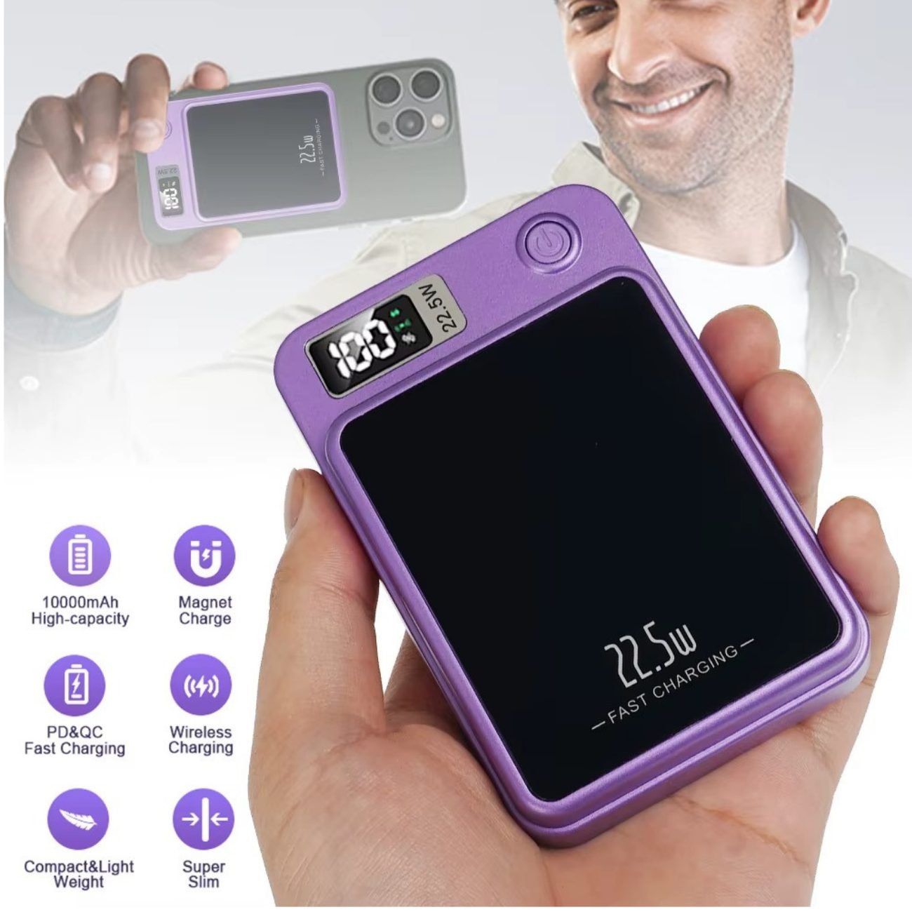Athlix 10000mAh Magnetische Kabellose Power Bank für Apple iPhone Powerbank 10000 mAh, Starker Magnetischer Snap-On-Akkupack, schlank, leichtgewichtig