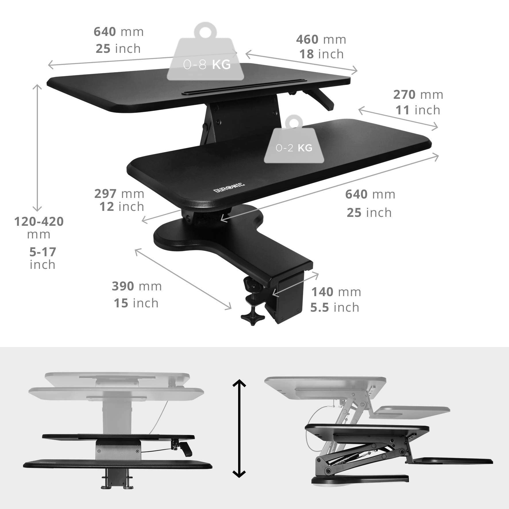 Duronic Schreibtischaufsatz, DM05D13 Computertisch, 42 Stehpult mit bis 46 12 Tischkante, Schreibtischaufsatz kg festklemmen an cm zum höhenverstellbar 8 Sitz-Steh Workstation Schreibtisch x 64 Tastaturablage, bis cm