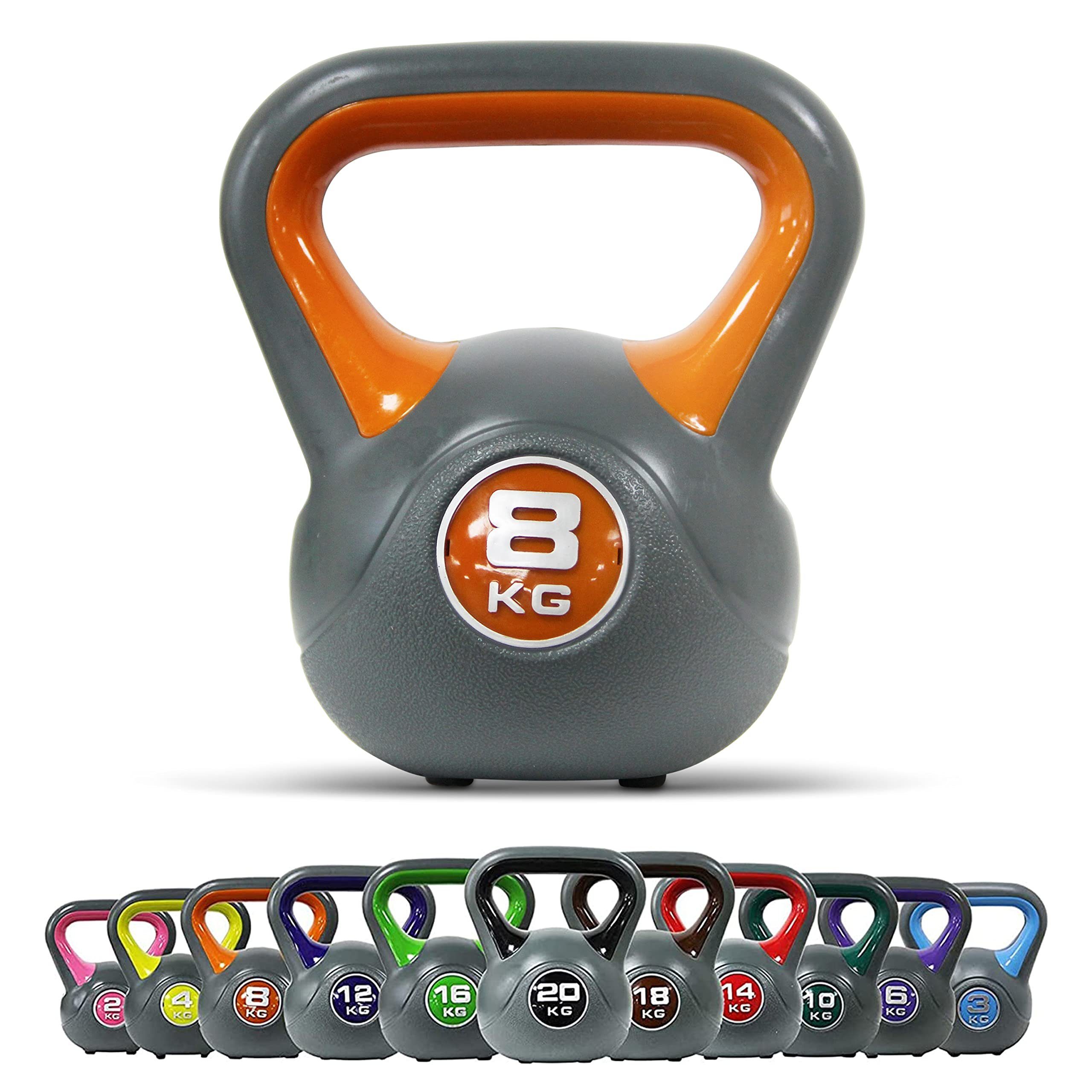 POWRX Kettlebell Kugelhantel 2-20 kg inkl. Workout in versch. Farben und Gewichten, 8 Kg - Orange Kunststoff