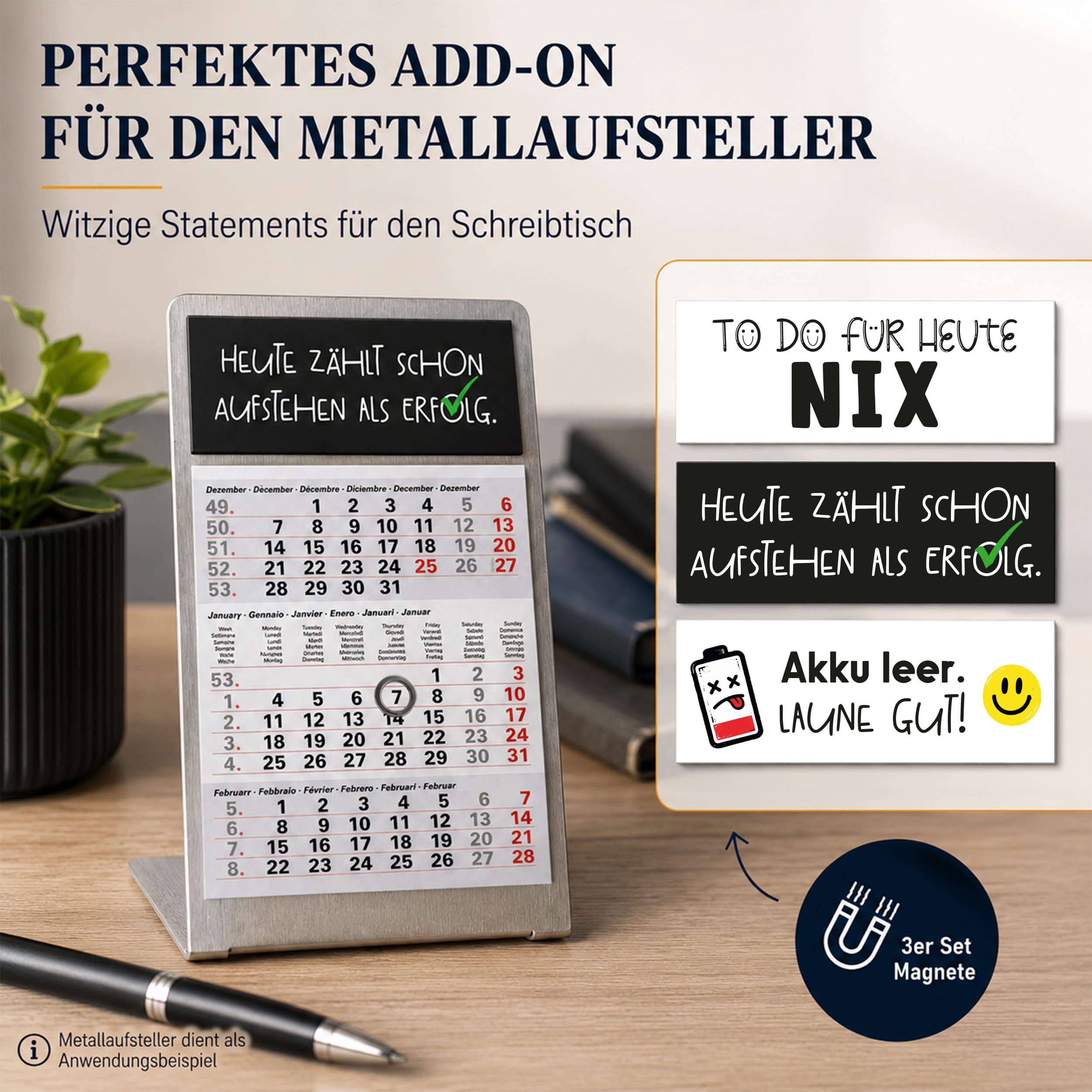 TOBJA Tischkalender Deko-Magnete 3er Set Gute Laune für Tischkalender & Kühlschrank, 3 Magnetstreifen, Sprüche, für Kühlschrank & Tafel, Geschenkidee