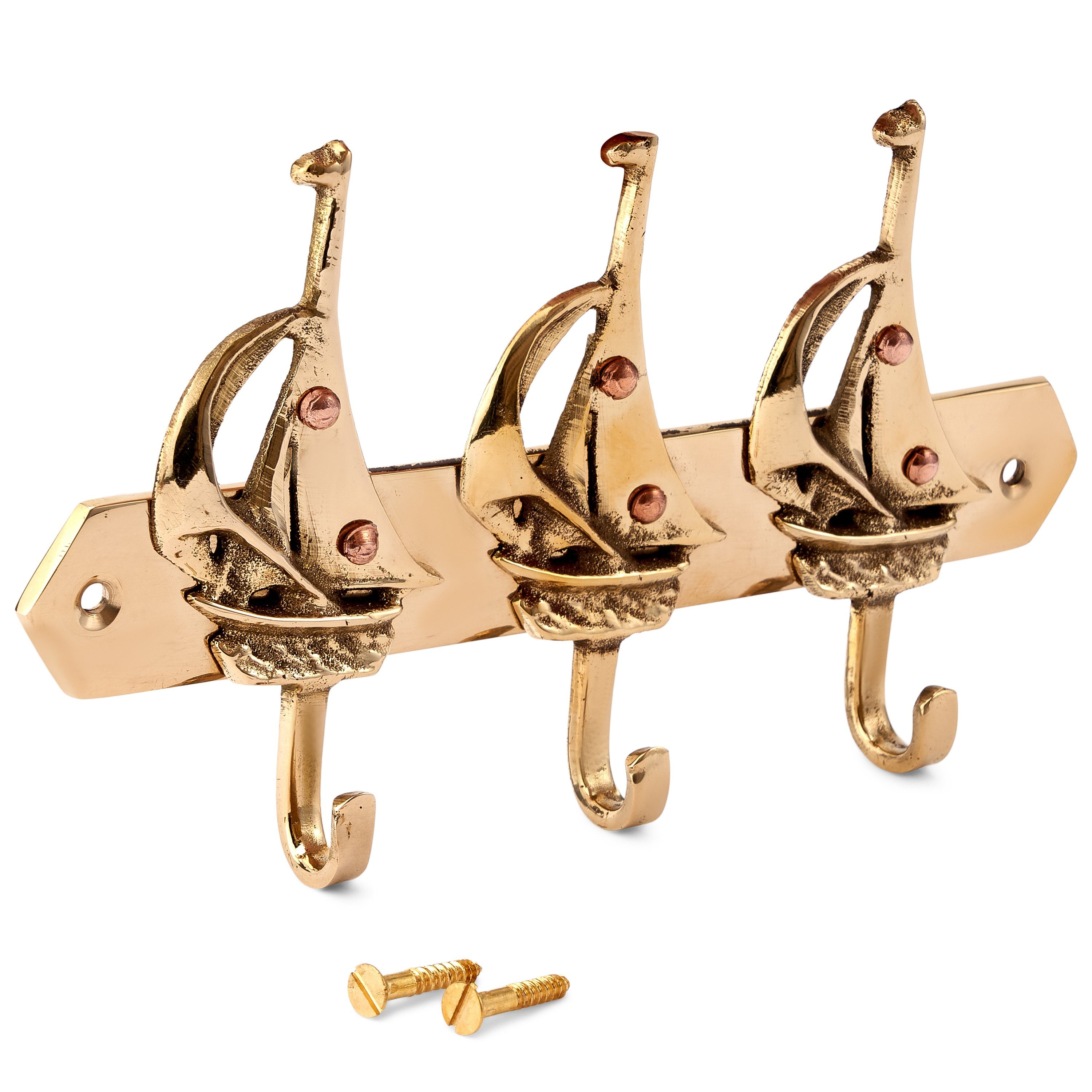 NKlaus Wandhaken Schlüsselhaken Segelbote 3-fach Messing gold 16 x 9 cm Maritim Schlüss, Schlüsselhaken, Handtuchhaken