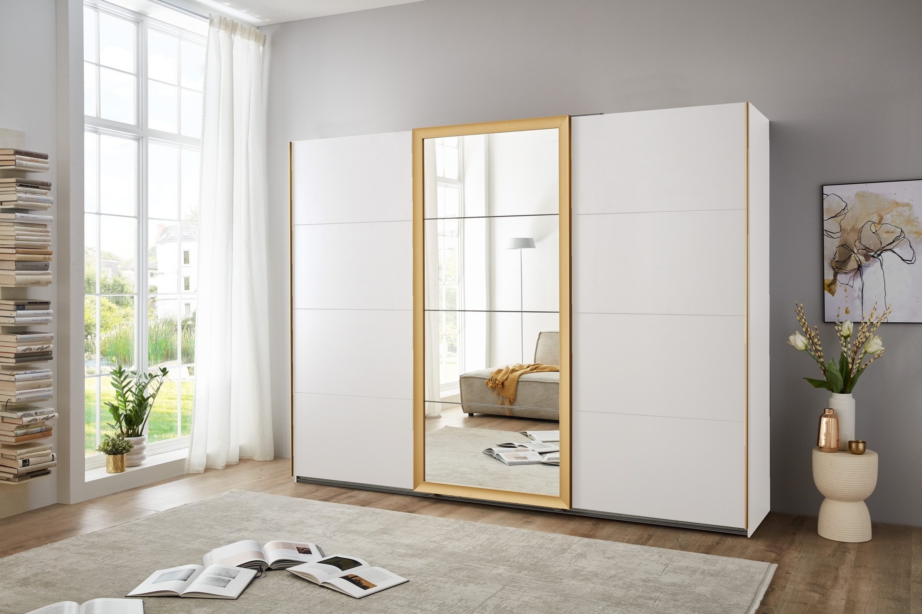 freiraum Schwebetürenschrank KATAR in WEISS + GOLD MATT - 270x208x64cm (BxHxT)