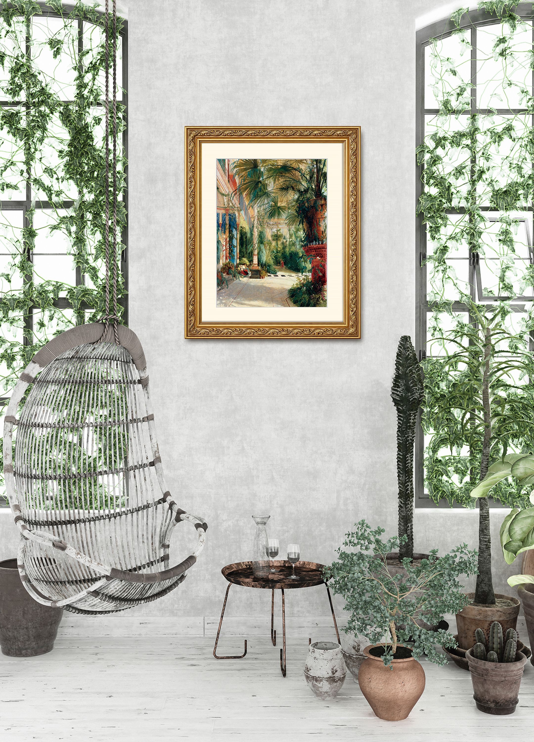 artissimo Bild mit Rahmen Wandbild gerahmt 53x63 cm Kunstdruck mit Passepartout & Barock-Rahmen, Carl Blechen: Das Innere des Palmenhauses