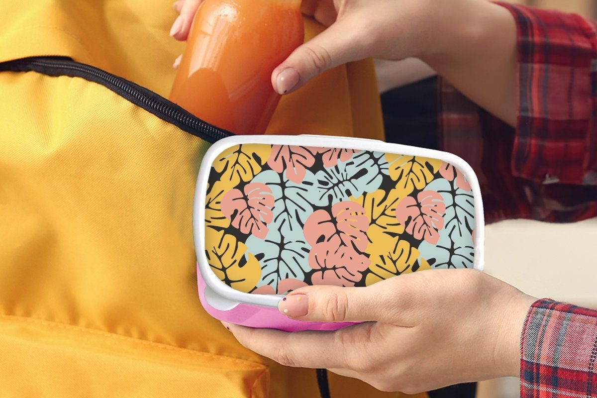 für Kunststoff, - - Brotdose Pastell, Kunststoff (2-tlg), Snackbox, MuchoWow Lunchbox Hawaii Monstera Brotbox rosa Gestaltung Kinder, Mädchen, - Erwachsene,