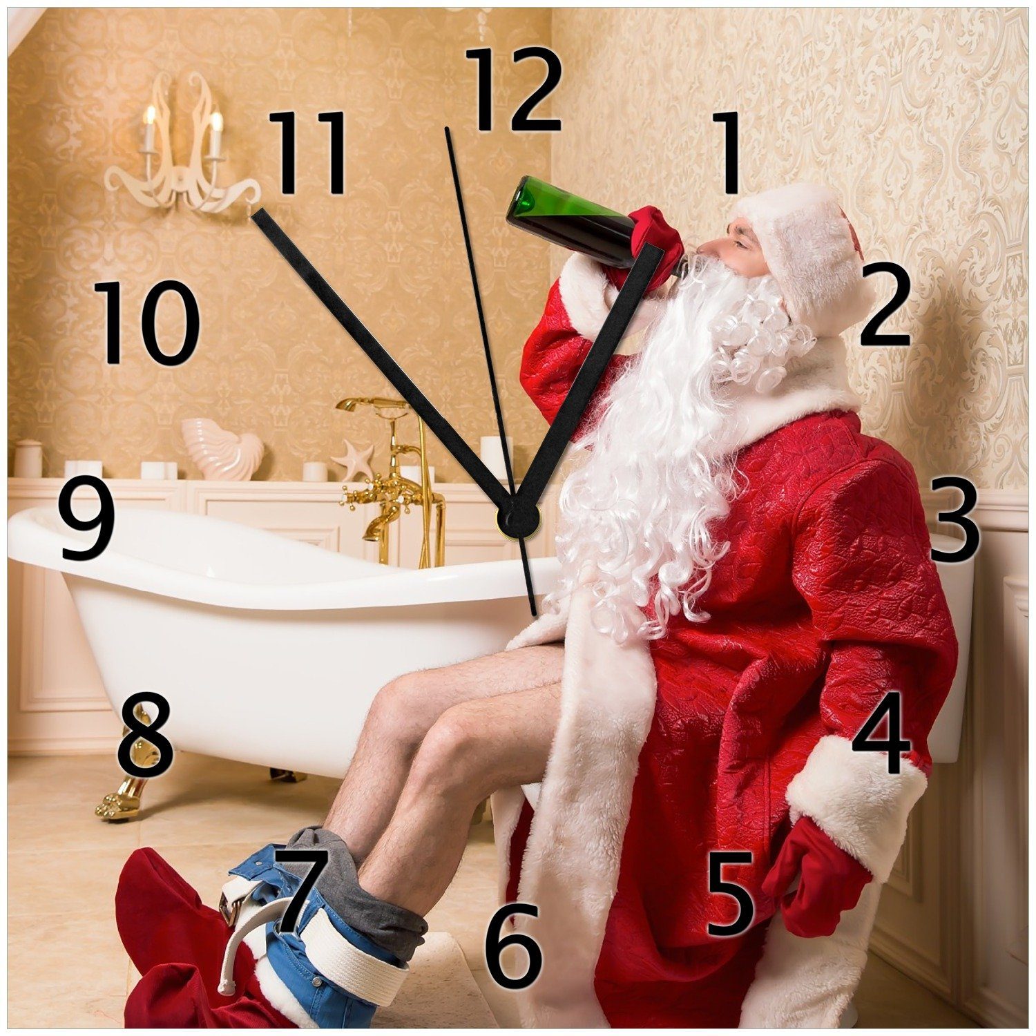 Wallario Wanduhr Betrunkener Weihnachtsmann mit Weinflasche auf dem Klo (Glasuhr)