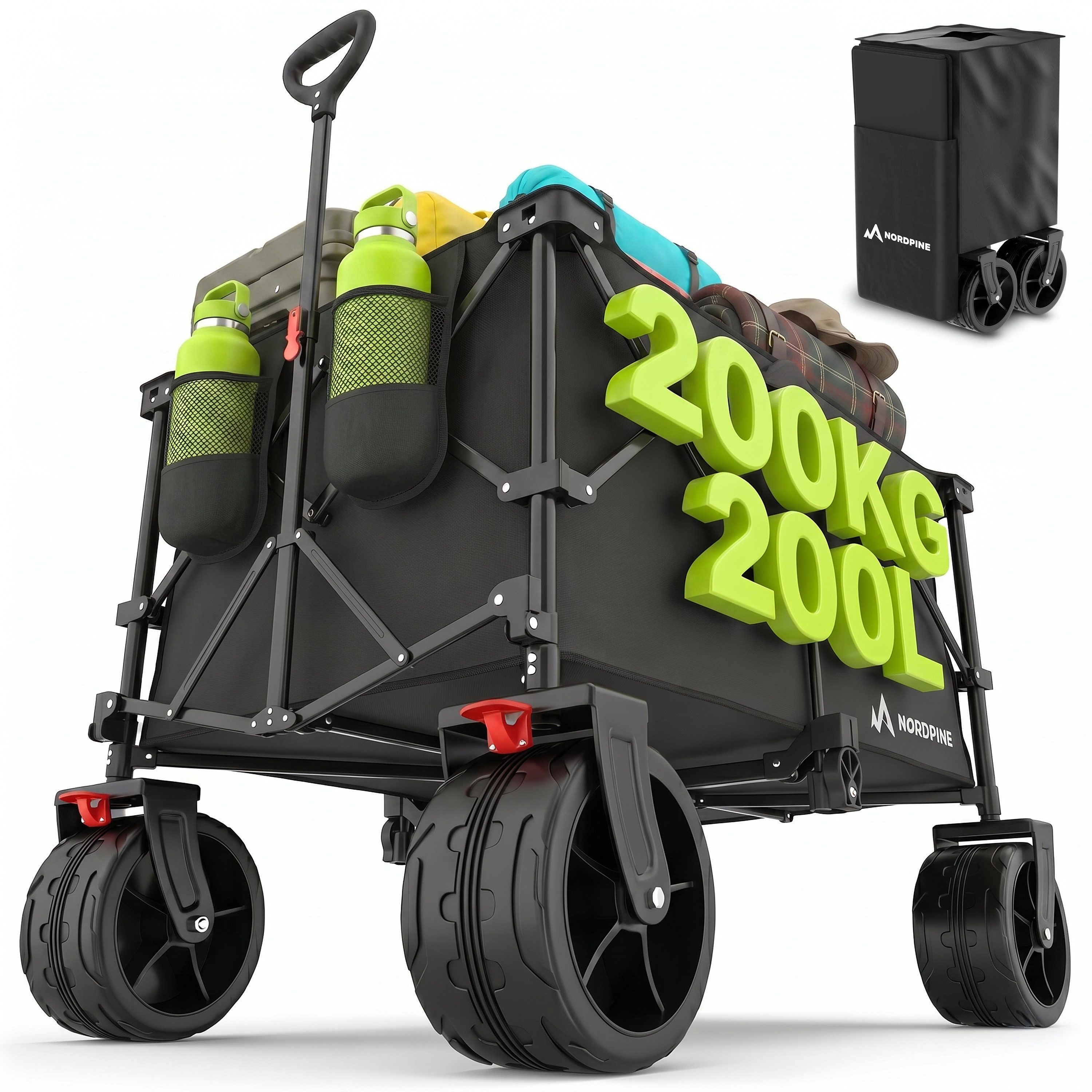 NEOLYMP Bollerwagen Bollerwagen faltbar in 200 oder 300 L bis 200 kg mit Bremse, Höhenverstellbarer Teleskopgriff und Feststellbremse