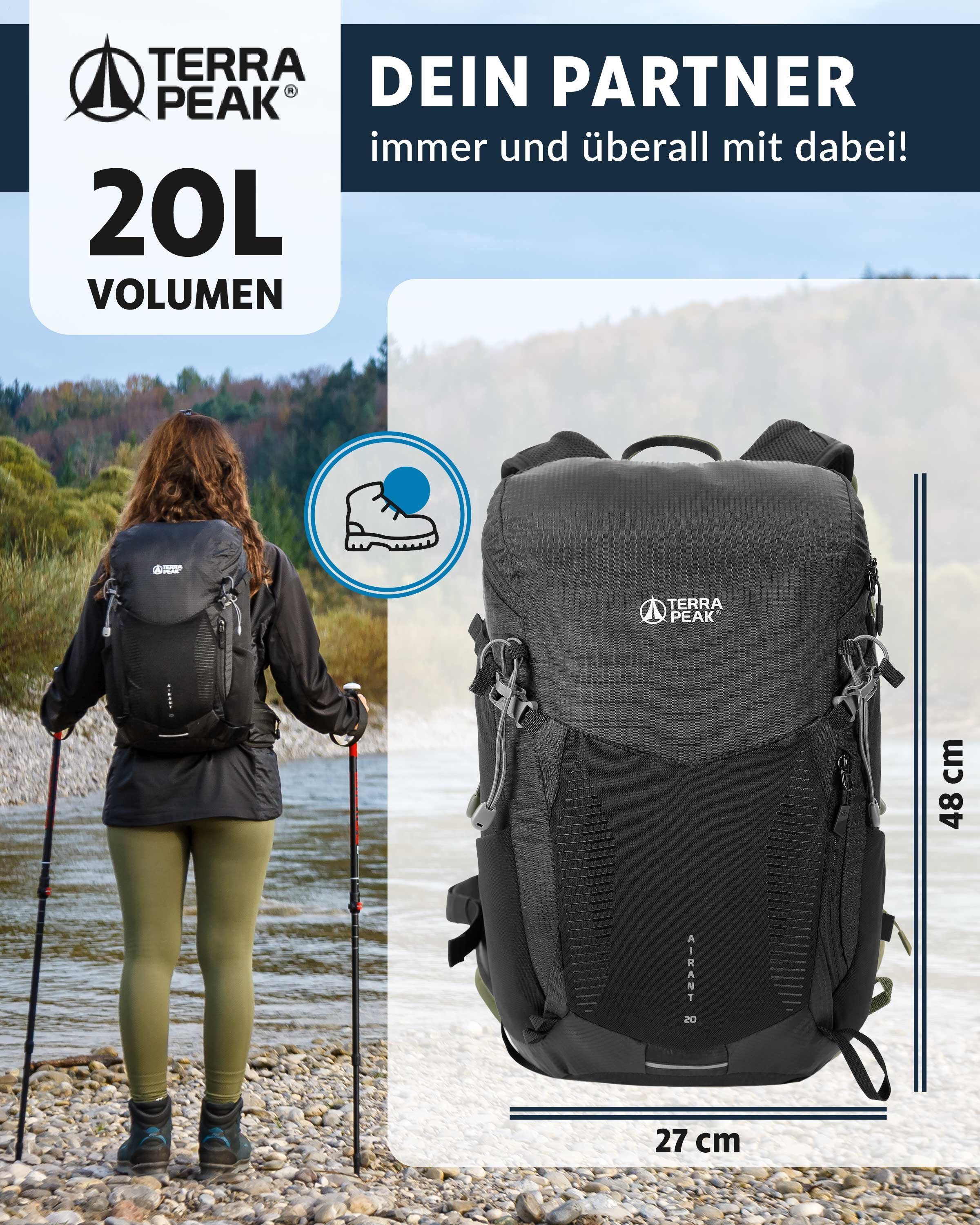 belüftetem Schwarz mit Airant Terra Rucksack Wanderrucksack Netzrücken 20, Peak 20 Liter klein