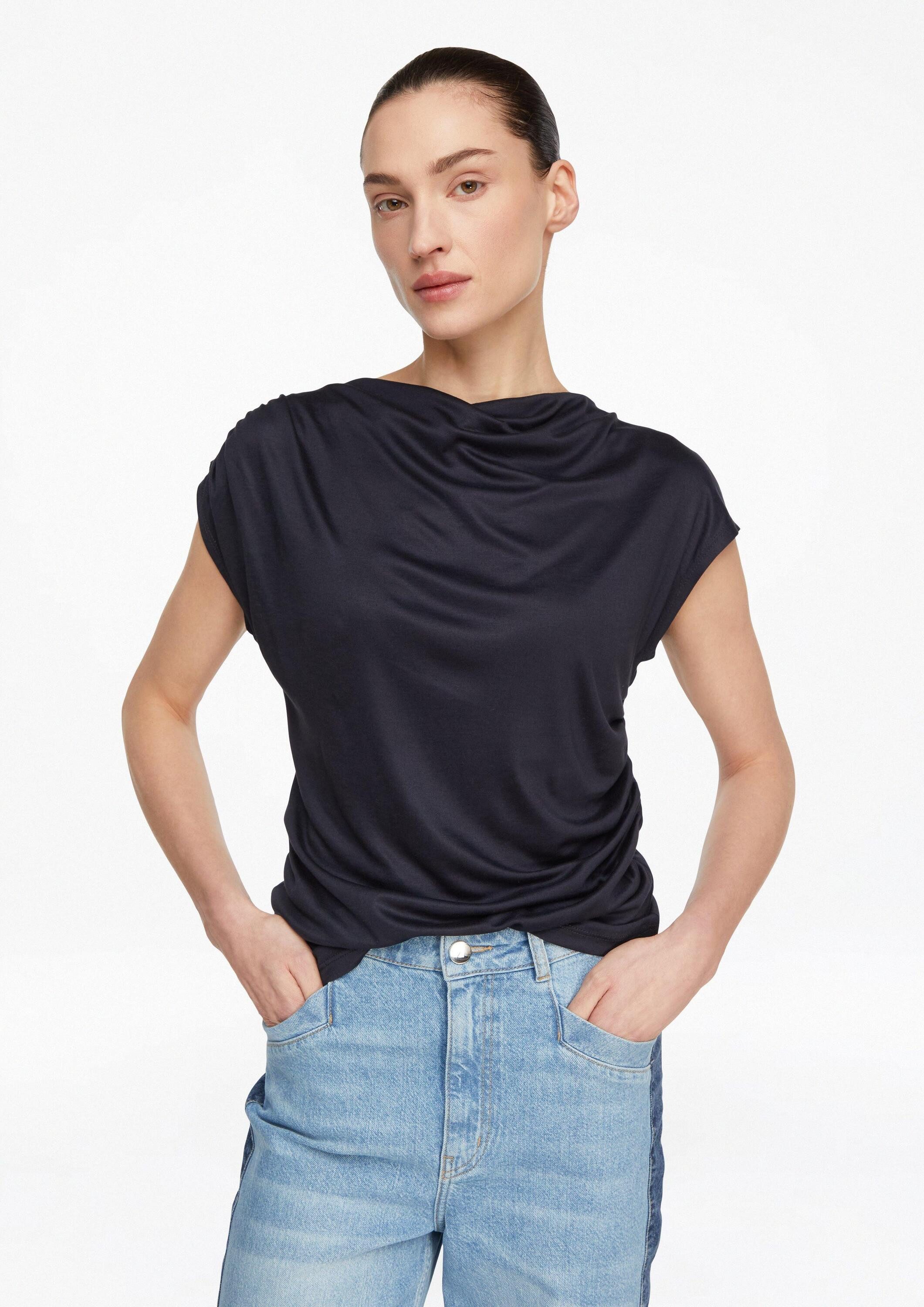 comma Kurzarmshirt T-Shirt Fließendes Viskosemix-Top mit Drapierungen