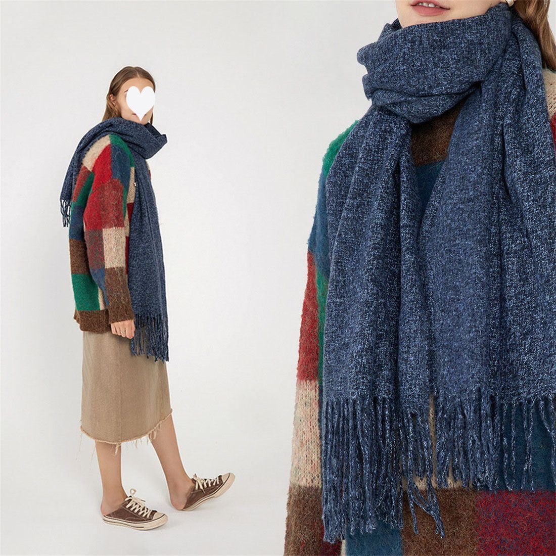 DÖRÖY Modeschal Damen Vintage solide Farbe Schal, Schal, blau warmen Quaste Winterschal