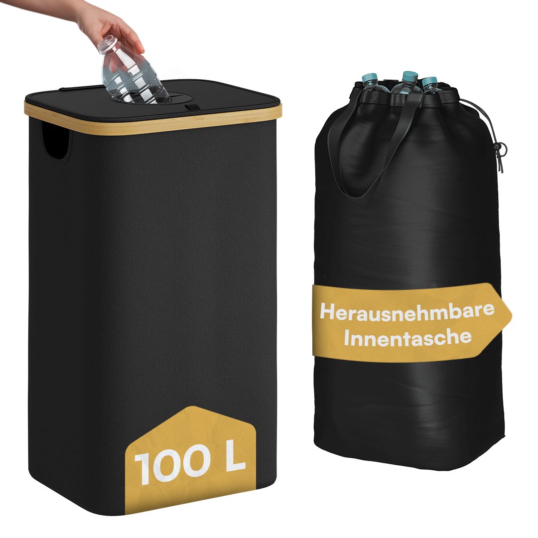 Bellamio Flaschensammler Tolt aus Stoff & Bambus, Pfandbehälter mit Einwurf (1 Fach, 100 L), Pfandflaschen Sammelbehälter mit Innenbeutel, Schwarz