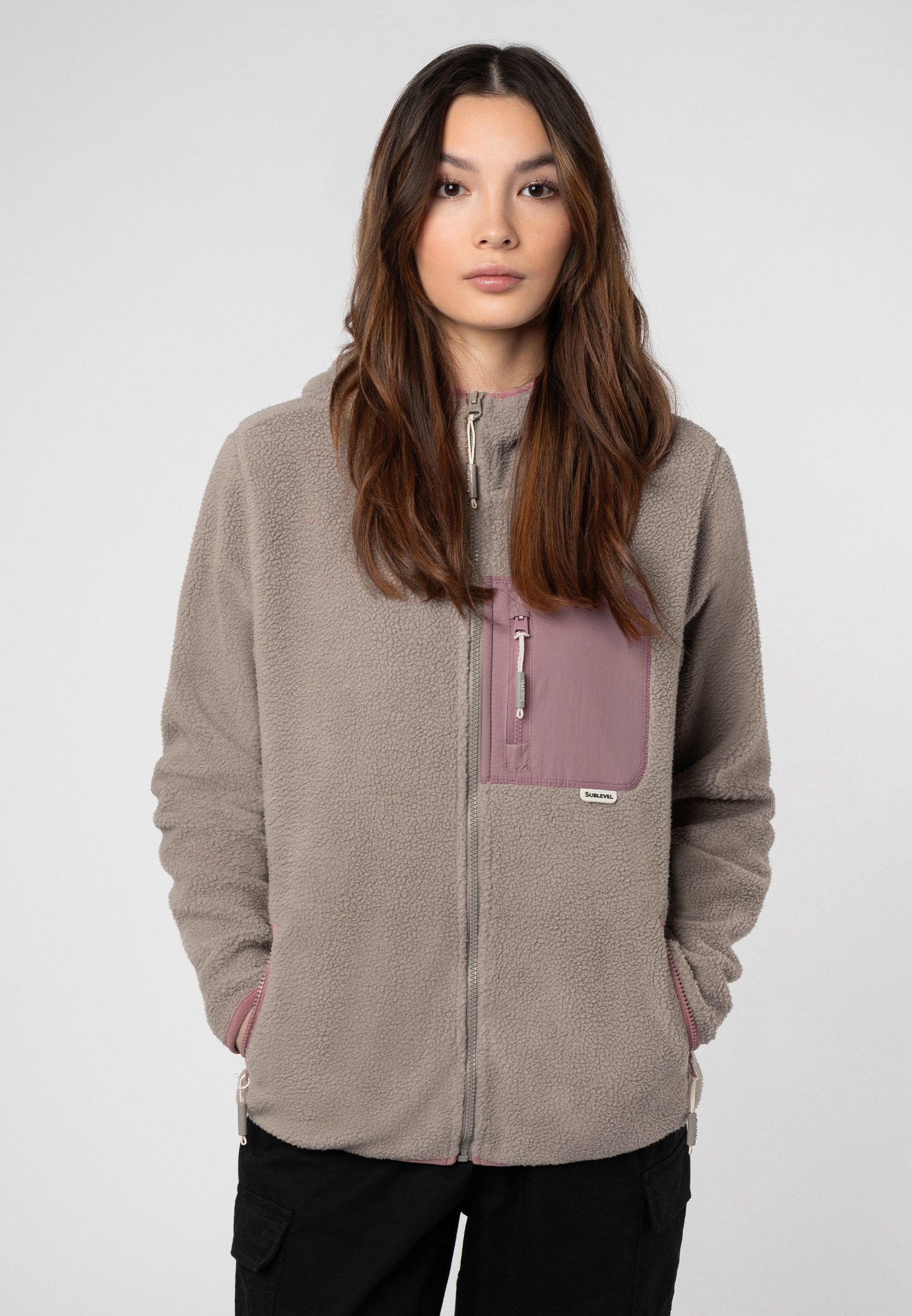 SUBLEVEL Fleecejacke Damen Teddyfleecejacke mit Brusttasche und Kapuze Fleecejacke Outdoorjacke Kuscheljacke