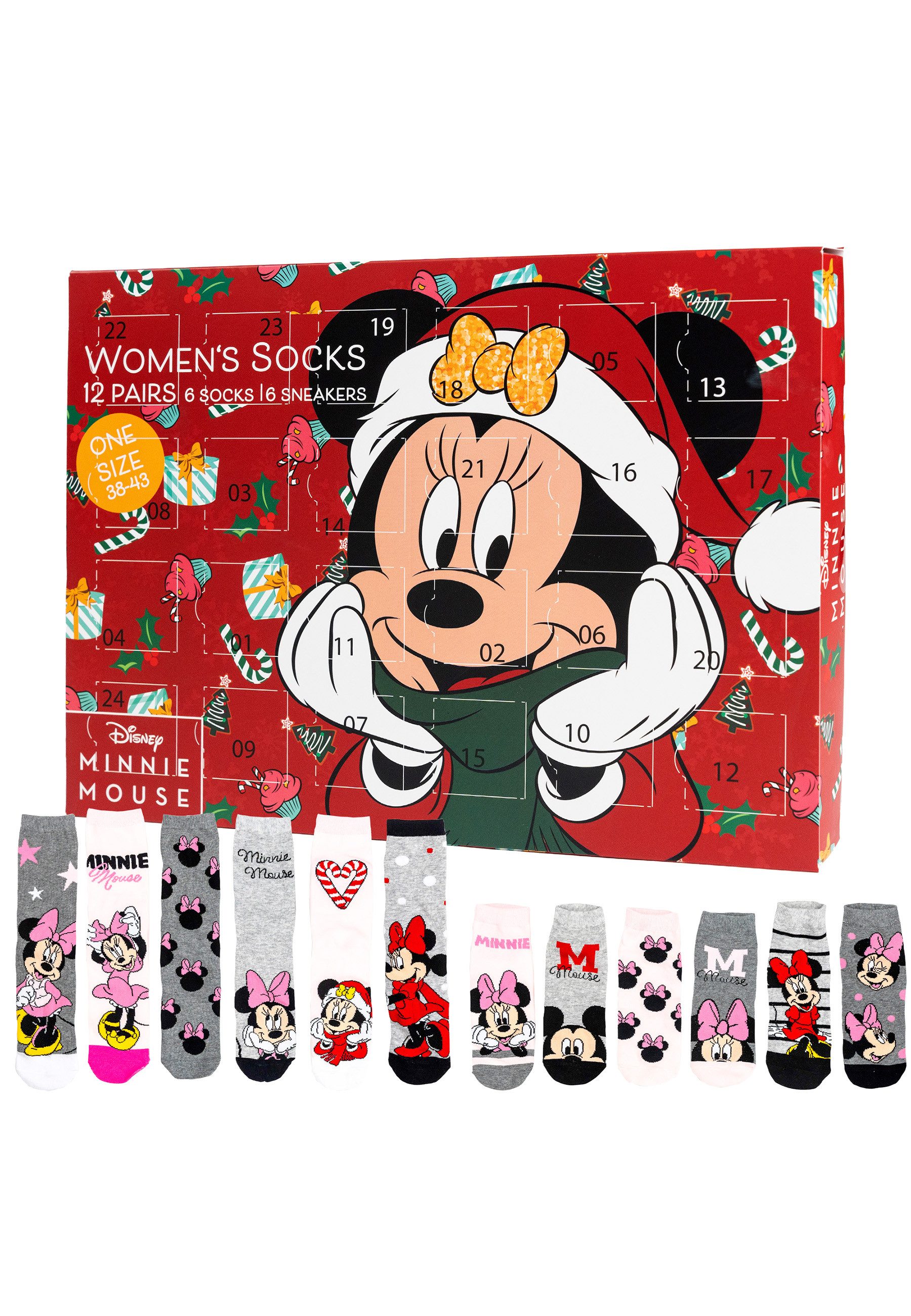 United Labels® Adventskalender Disney Minnie Mouse Socken Adventskalender mit 12 Paar kurz und lang