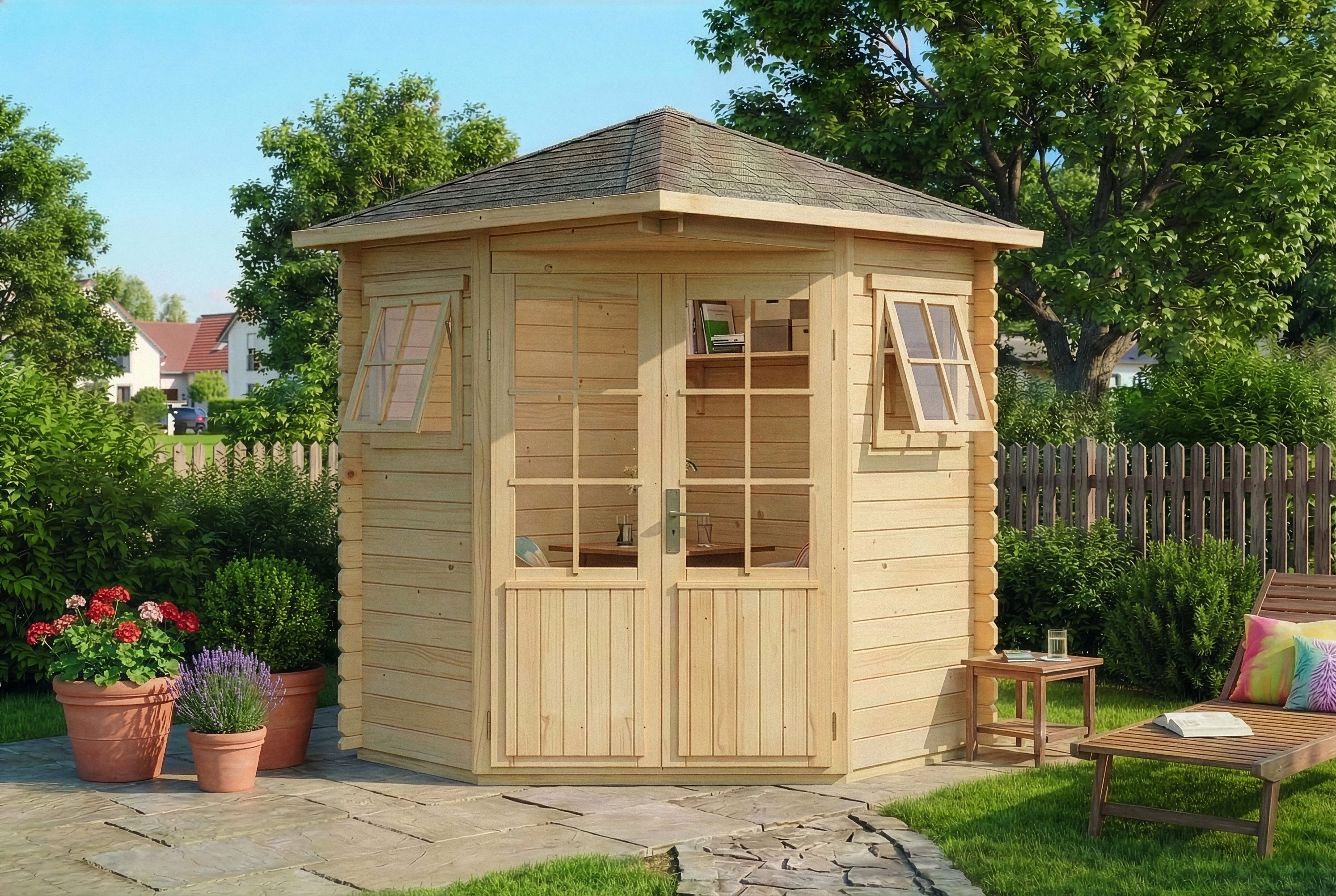 Alpholz Gartenhaus Holz 5-Eck Sunny A, BxT: 220x220 cm, in Naturbelassen mit 28mm Wandstärke