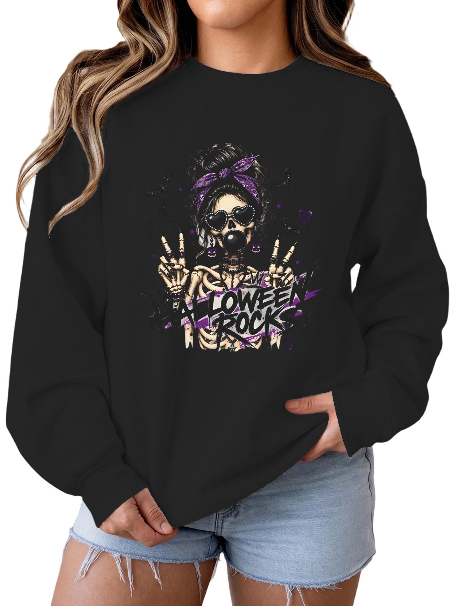 PYLIKE Kapuzensweatshirt Damen Pullover mit Schädel Print, loose Fleecepullove für Halloween Bequem für Herbst & Winter