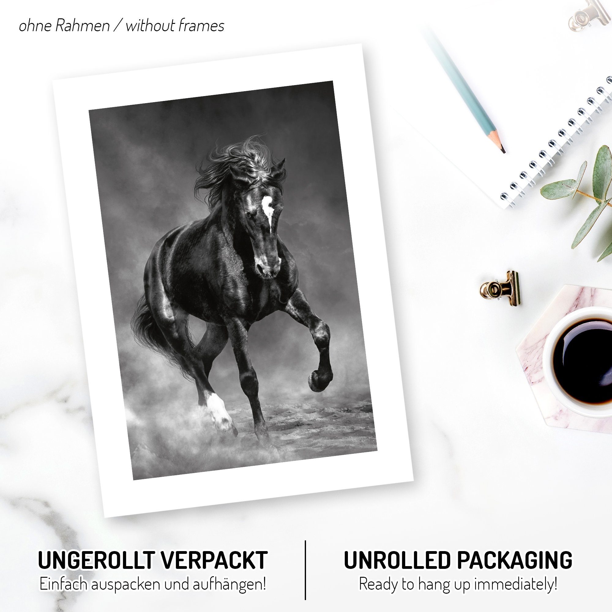 Kreative Feder Poster, Natur, Landschaft, Tier, Pferd, Reiten, Schwarz-Weiß, Fotografie (Set, 3 St), 3-teiliges Poster-Set, Wandbild, optional mit Rahmen, DIN A4 oder A3