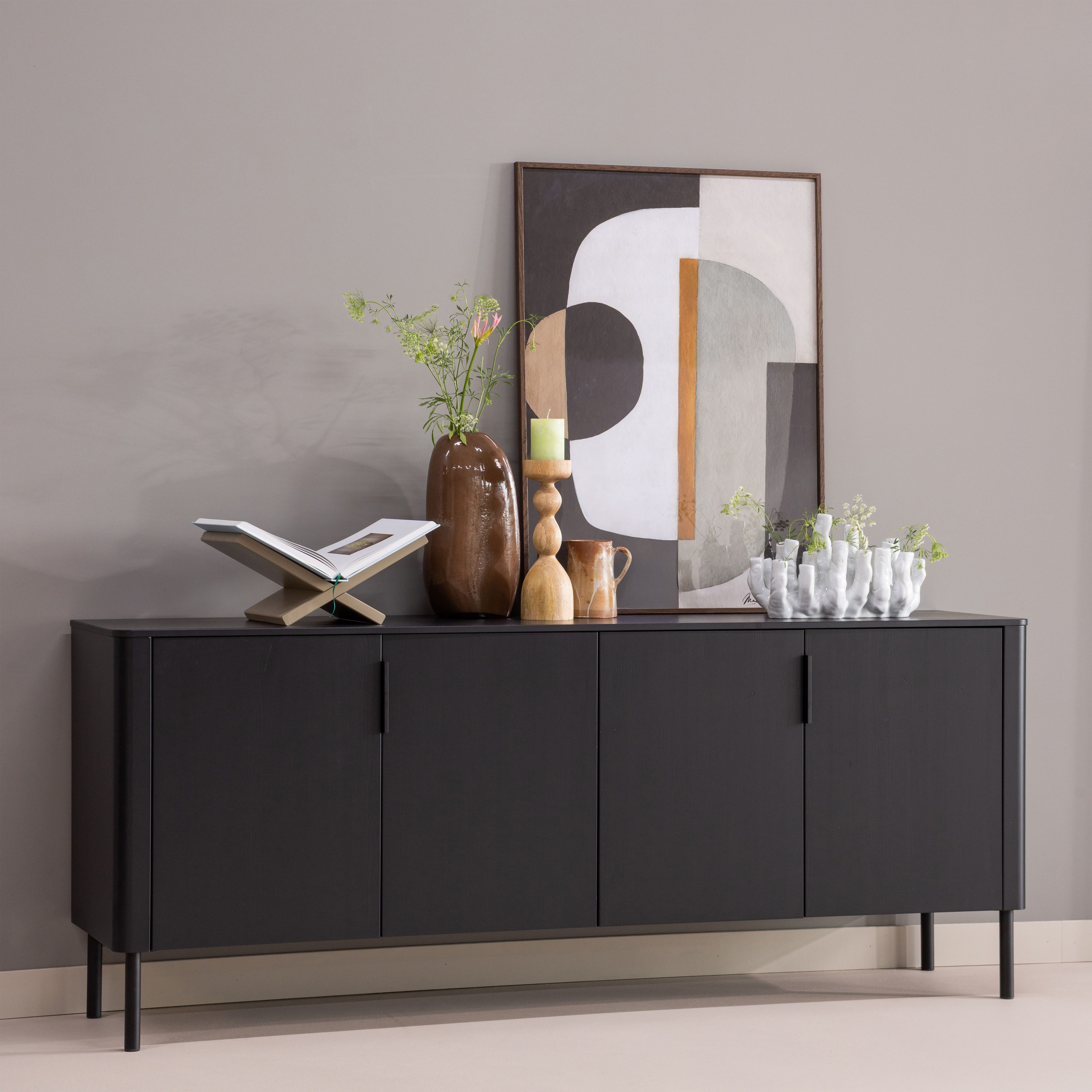 WOOOD Sideboard Gunnar mit FSC®-Mix Massivkiefer subtile Griffmulden 201 x 44 x 85 cm, Tragkraft 20 kg pro Einlegeboden, einfach zu montieren, mit Schutzlack