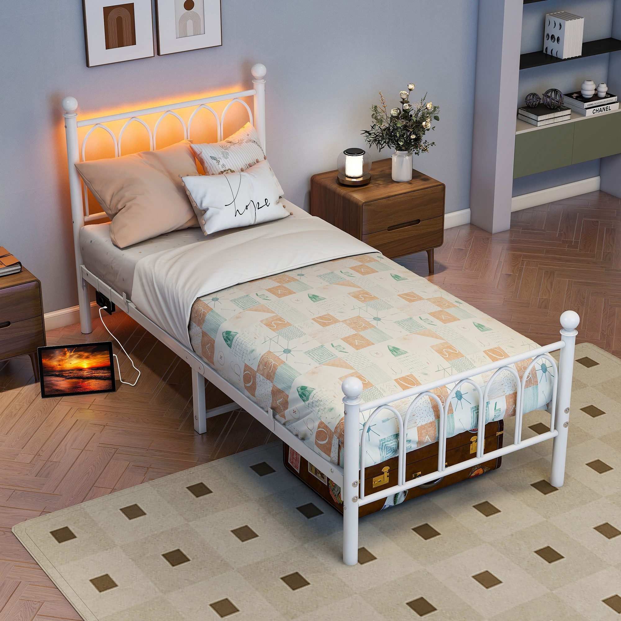 HOMERECOMMEND Metallbett Minimalistischer Bettrahmen mit komfortablem Kopfteil Gästebett (1-tlg), Metallbett mit Lattenrost und LED-Beleuchtung, 90x200cm – Bild 4 von 5