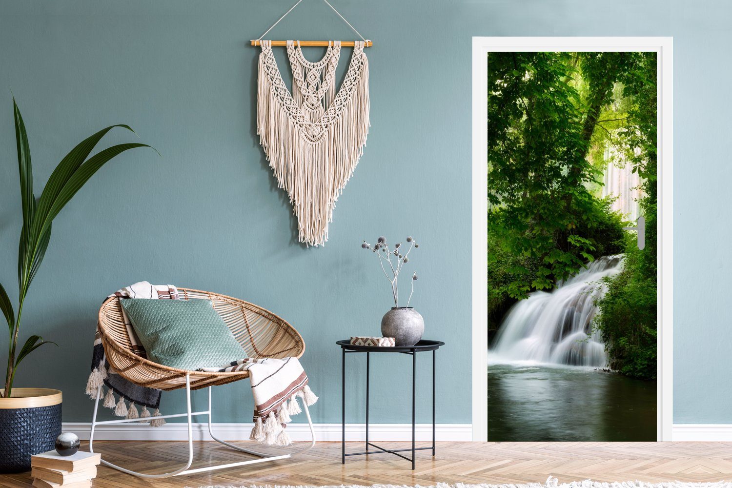 MuchoWow Türtapete Wasserfall - Natur - Grün, Matt, bedruckt, (1 St), Selbstklebende Tapete, Folie für Möbel, 75x205 cm – Bild 4 von 5