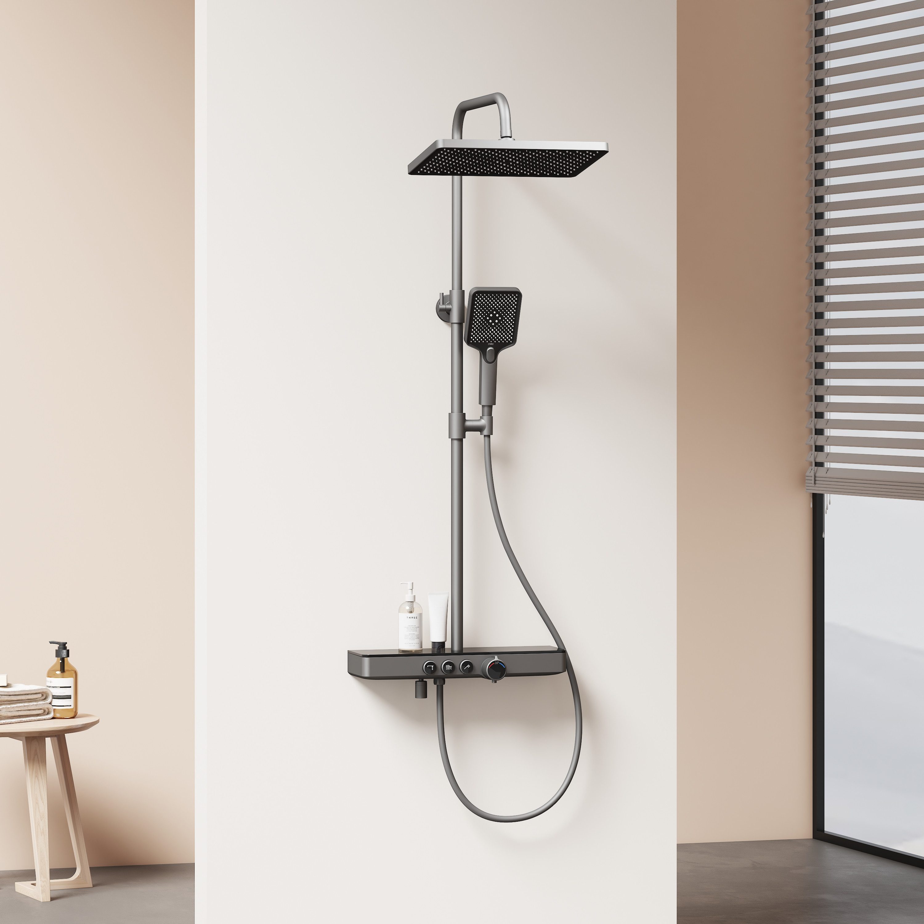 EMKE Duschsystem mit Thermostat Regendusche Komplettset mit Thermostat und Duscharmatur, Höhe 85 cm, 3 Strahlart(en), mit Ablage und Kopfbrause, Farbe: nthrazit Matt/Chrom/Weiß