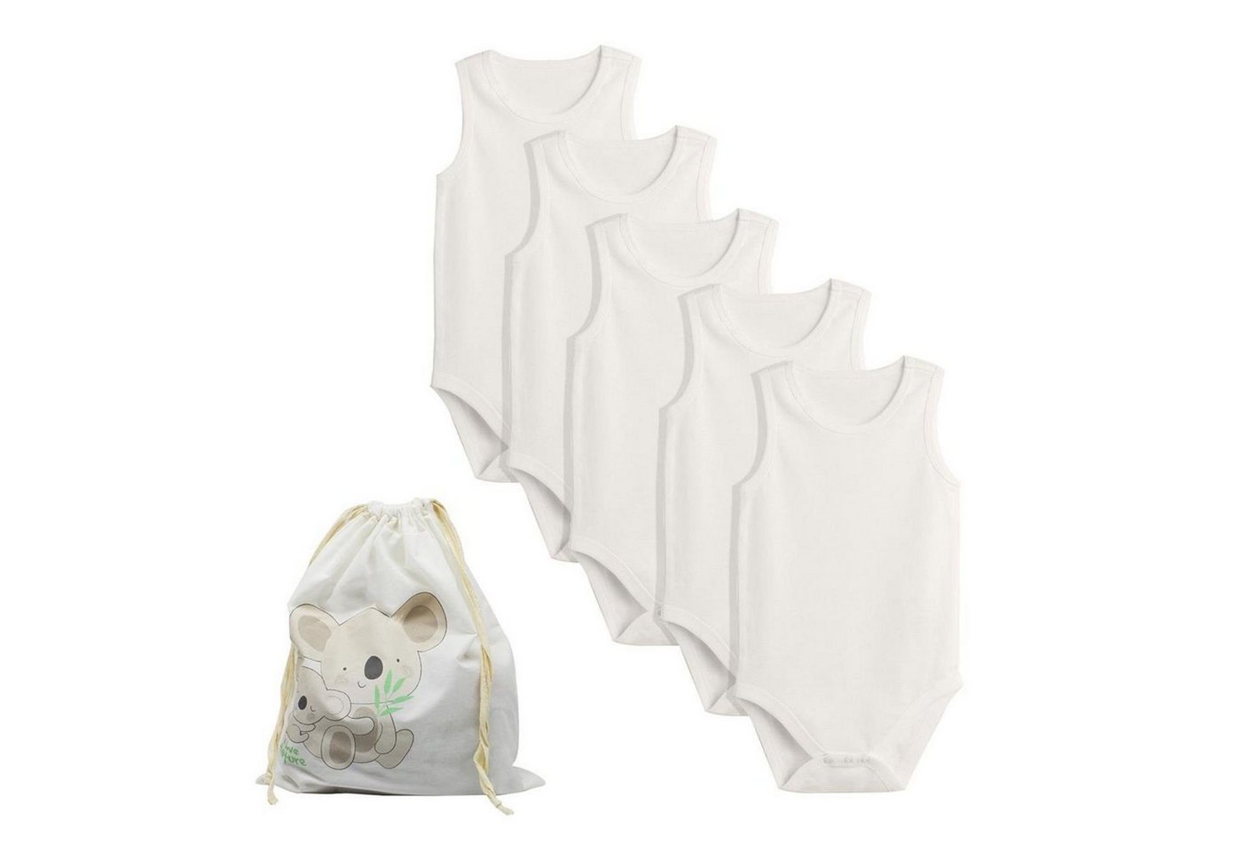 biorganic T-Shirt-Body (5er Pack) für Jungen und Mädchen, Unisex, Ecru Baby Body (Set, 6-tlg., 5er-Pack Bodys & 1 Beutel) Unterhemden 100% Bio-Baumwolle GOTS-zert. mit praktischen Druckknöpfen