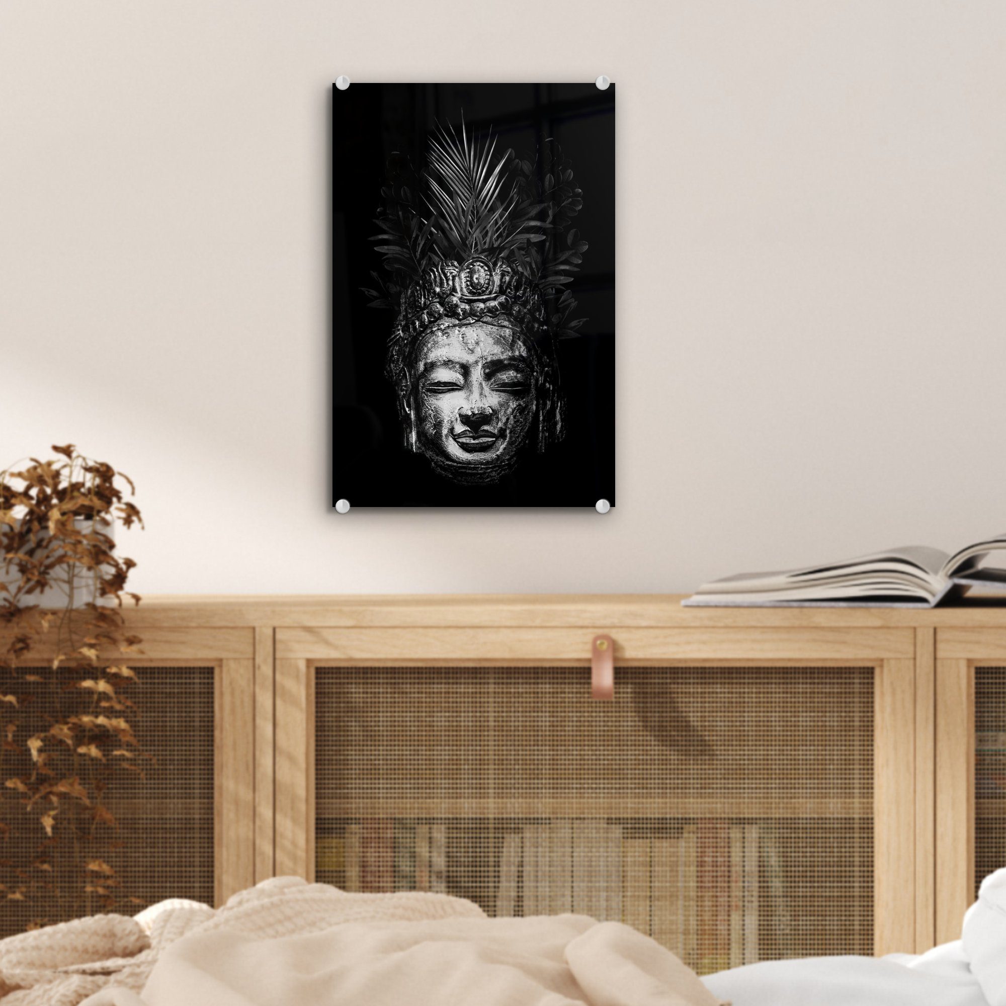 (1 auf MuchoWow - Hintergrund eines weiß, Foto Wanddekoration Glas Blättern bunt mit St), Acrylglasbild auf schwarz Glasbilder Wandbild - Buddhas im und Glas Kopf - - Bilder