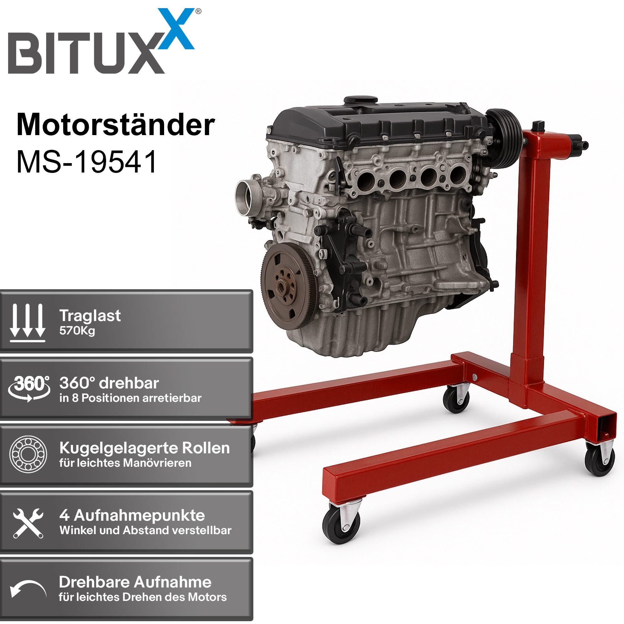Bituxx Getriebeheber Kfz Motorhalter Motorbock Motorträger rot, MS-19868, drehbar, mit Rollen, Traglast bis 570 kg