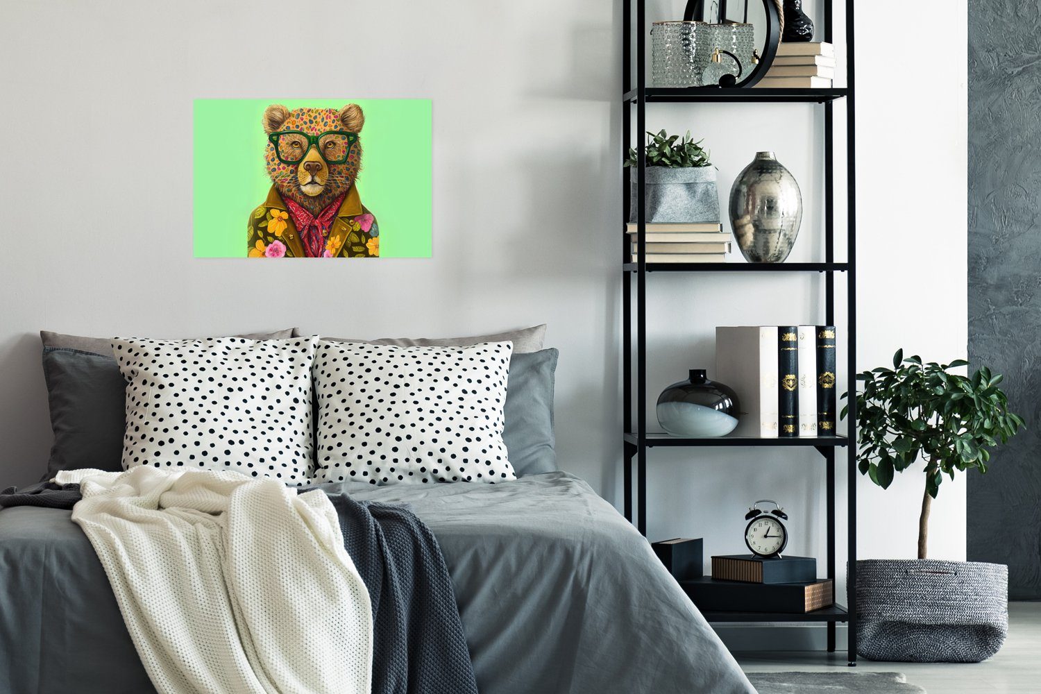 Bär Tier Wohnzimmer, MuchoWow Rahmen Blumen, Wandbild, - Ohne für Farben Poster, St), Poster - - (1 Brillen - Wandposter