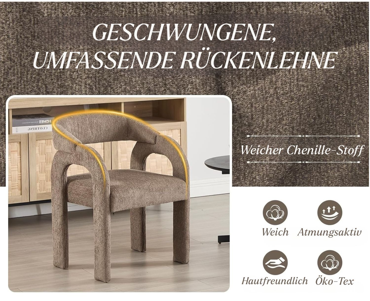 WAHSON OFFICE CHAIRS Esszimmerstuhl 2/4er Set Esszimmerstühle, Chenille, Schwunglehne,Armlehnen–nordisch (2 St) – Bild 5 von 5