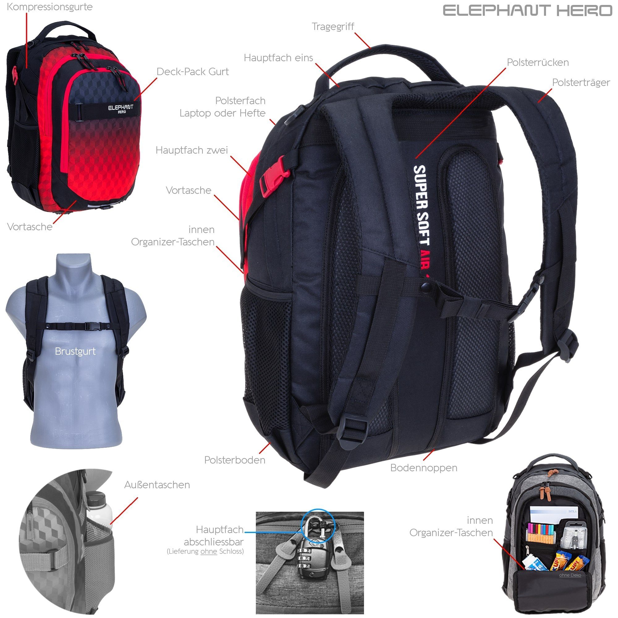 ELEPHANT Schulrucksack Hero Signature Schultasche (2 Teile Set), Rucksack + Mäppchen Box