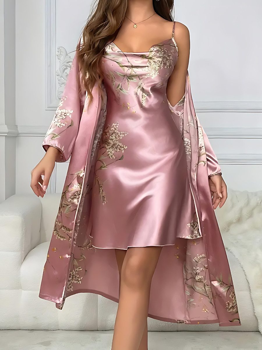 Elegant Love Morgenmantel Satin Pyjama-Set 2-tlg., Damen-Loungewear & Nachtwäsche, Robe + Unterkleid, Gürtel, Negligee mit wasserfallausschnitt