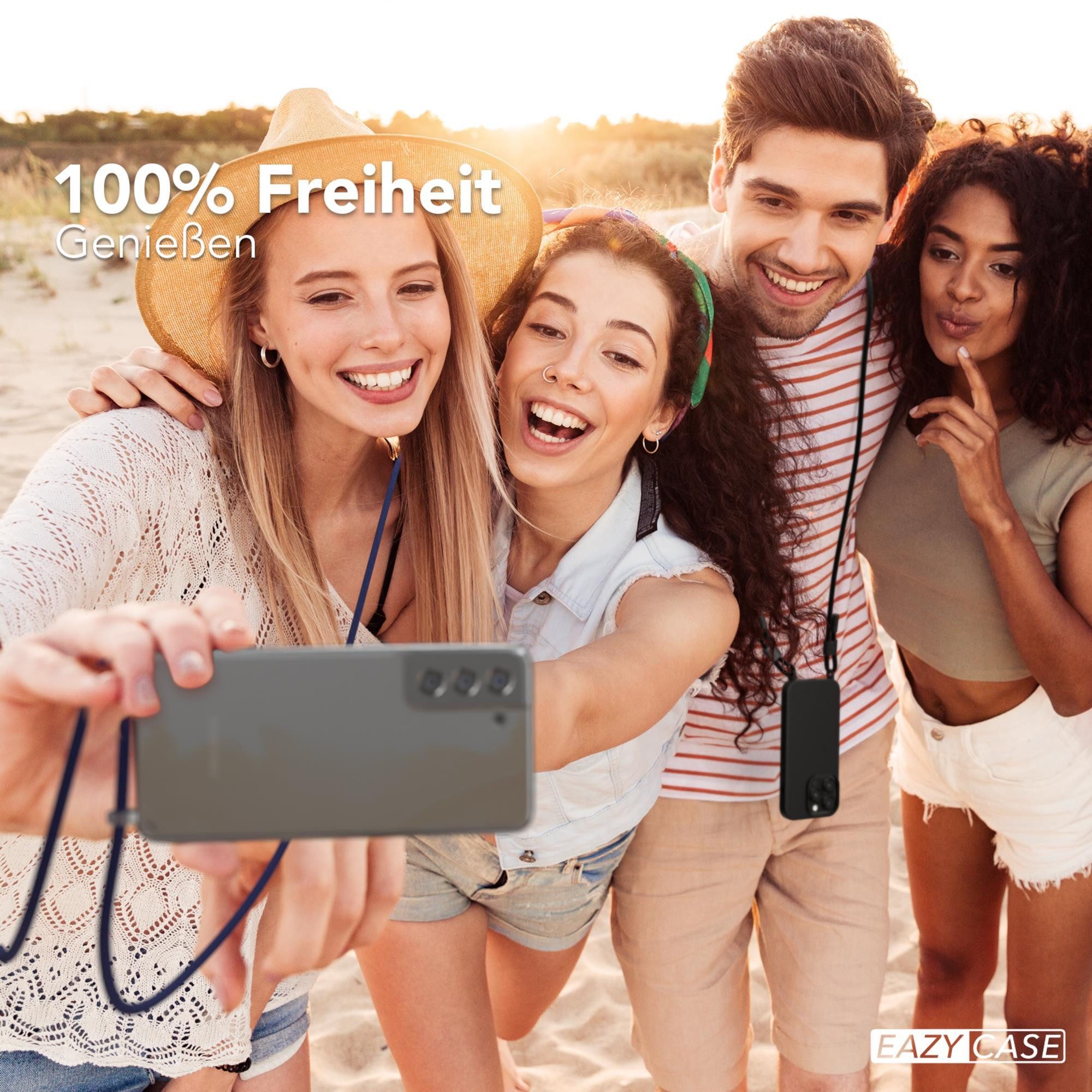 EAZY CASE Handykette Silikon Kette Unifarbe für Galaxy S21 FE 5G 6,41 Zoll, Handytasche durchsichtige Silikon Hülle mit breitem Umhängeband Blau