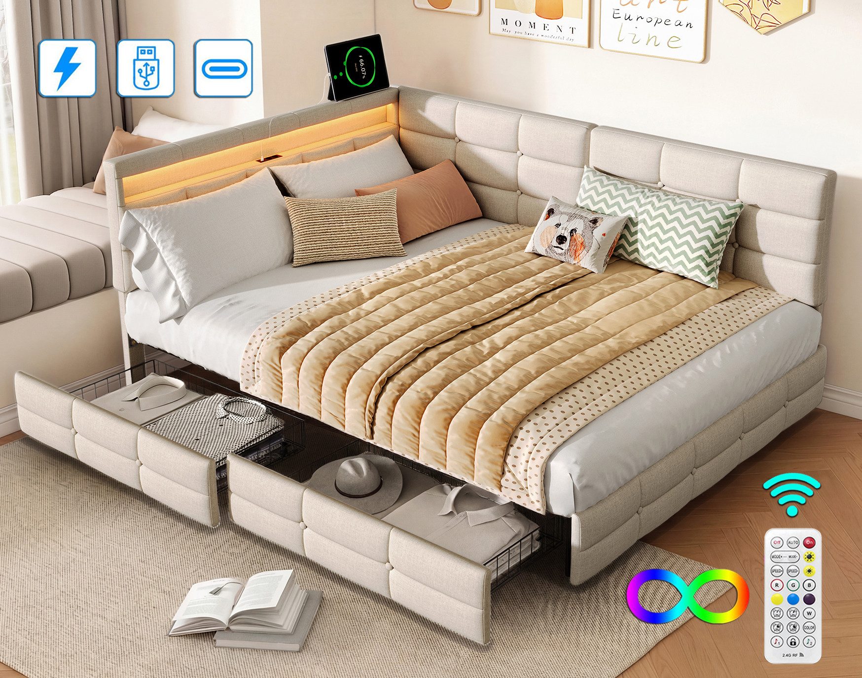 ADWOLT Schlafsofa Daybett Polsterbett Mit LED-Licht und USB-Anschluss, Set 1 Teile, 140x200 cm,Mit 2 Schubladen,Leinenstoff-Beige